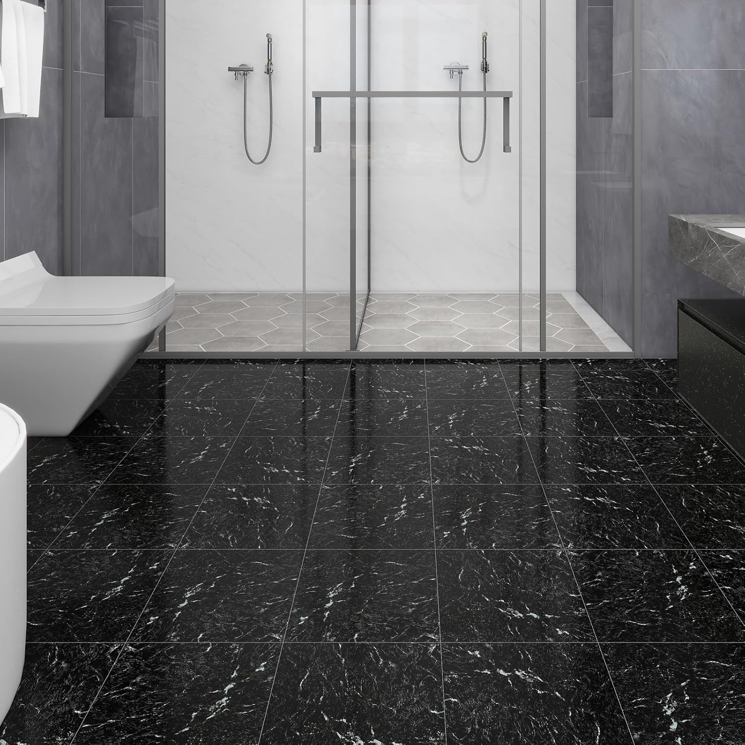 Azulejos autoadhesivos de vinilo impermeable para despegar y pegar, 12 x 12 pulgadas, color negro jade oscuro, para cocina, baños y dormitorio,