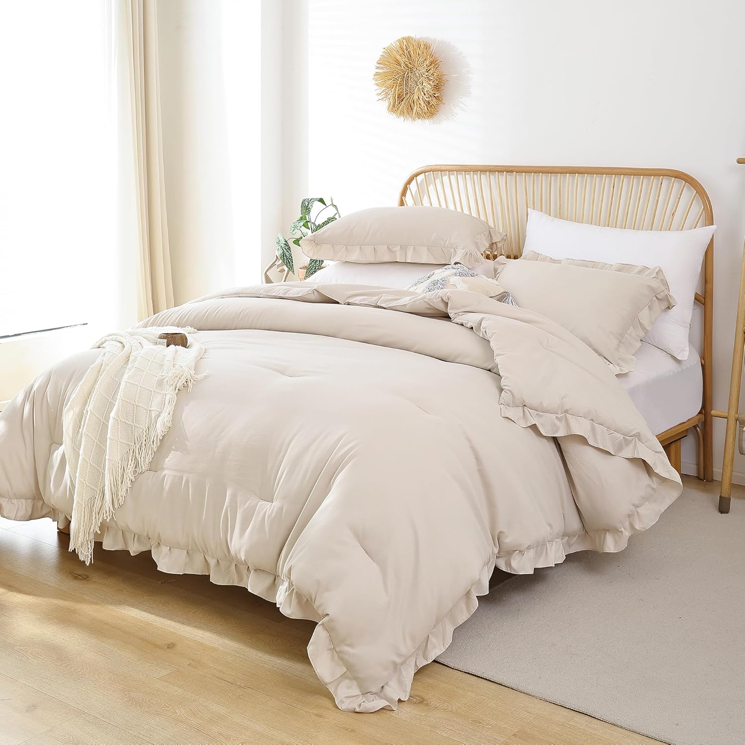 JANZAA – Juego de 1 edredón acolchado tamaño queen y 2 fundas de almohada, con volantes, suaves, de estilo vintage, shabby chic para todas las