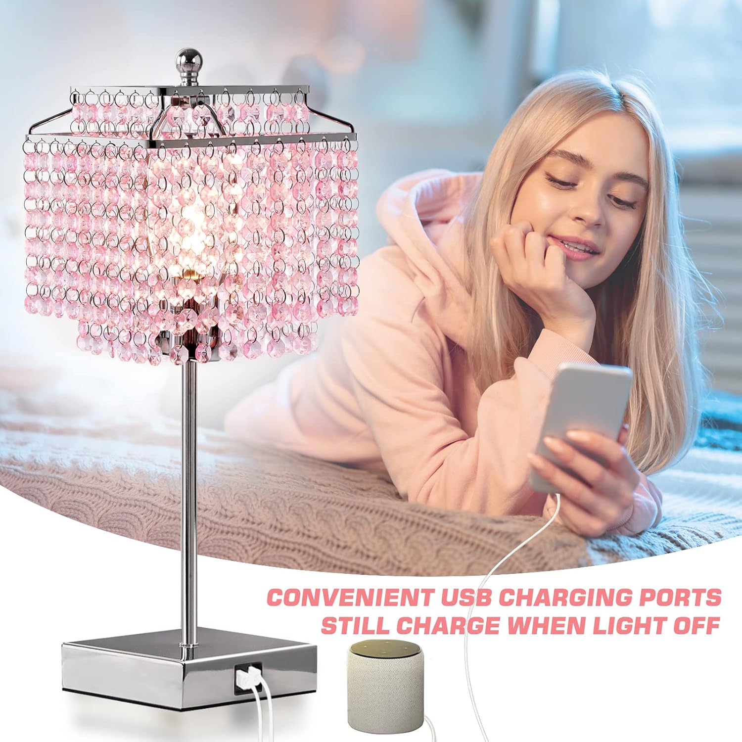 Luvkczc Lámpara de mesa de cristal rosa con control táctil, lámpara regulable de 3 vías con pantalla de cristal para dormitorio de niña, sala de