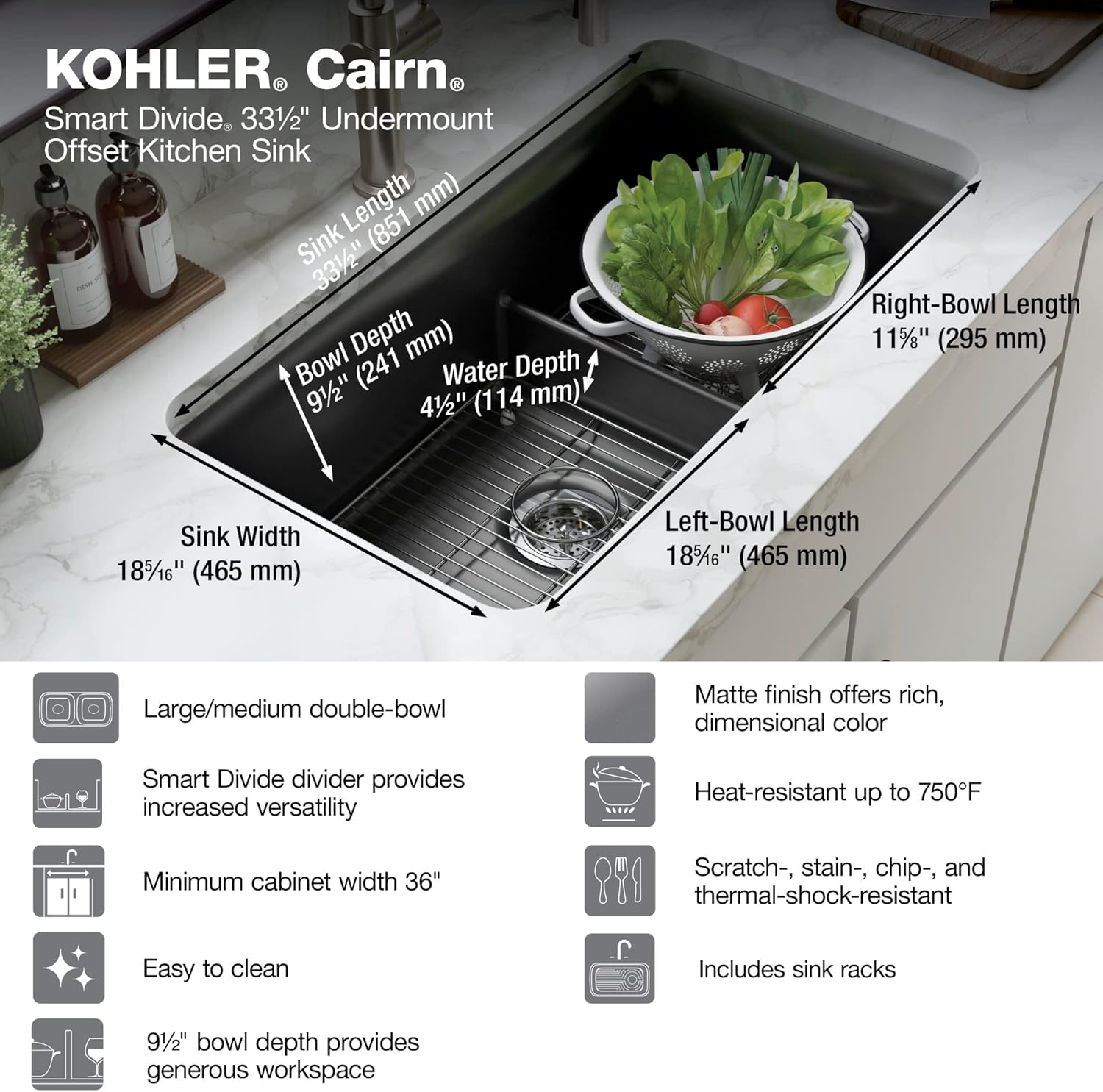 KOHLER Neoroc – Fregadero de cocina de doble tazón de montaje inferior, fregadero compuesto con división inteligente, cuenco de doble desplazamiento