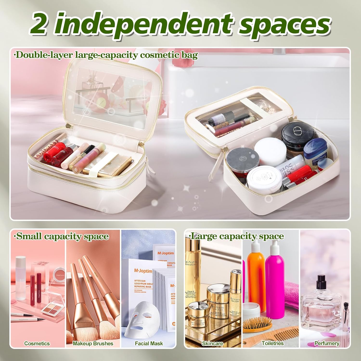 Neceser organizador de maquillaje transparente, doble cremallera, bolsa de cosméticos para viajar con impermeable y gran capacidad, bolsa