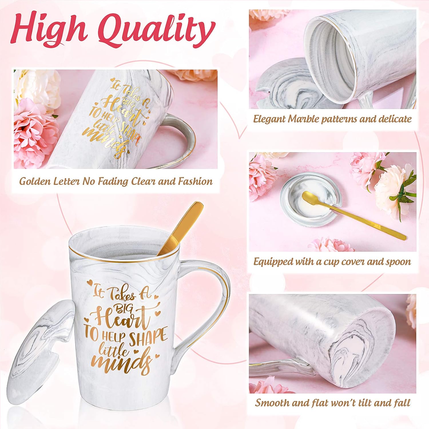 Geiserailie 2 piezas de regalos de agradecimiento para profesores para mujeres, tazas de café de cerámica de mármol de 14 onzas con tapa, caja de