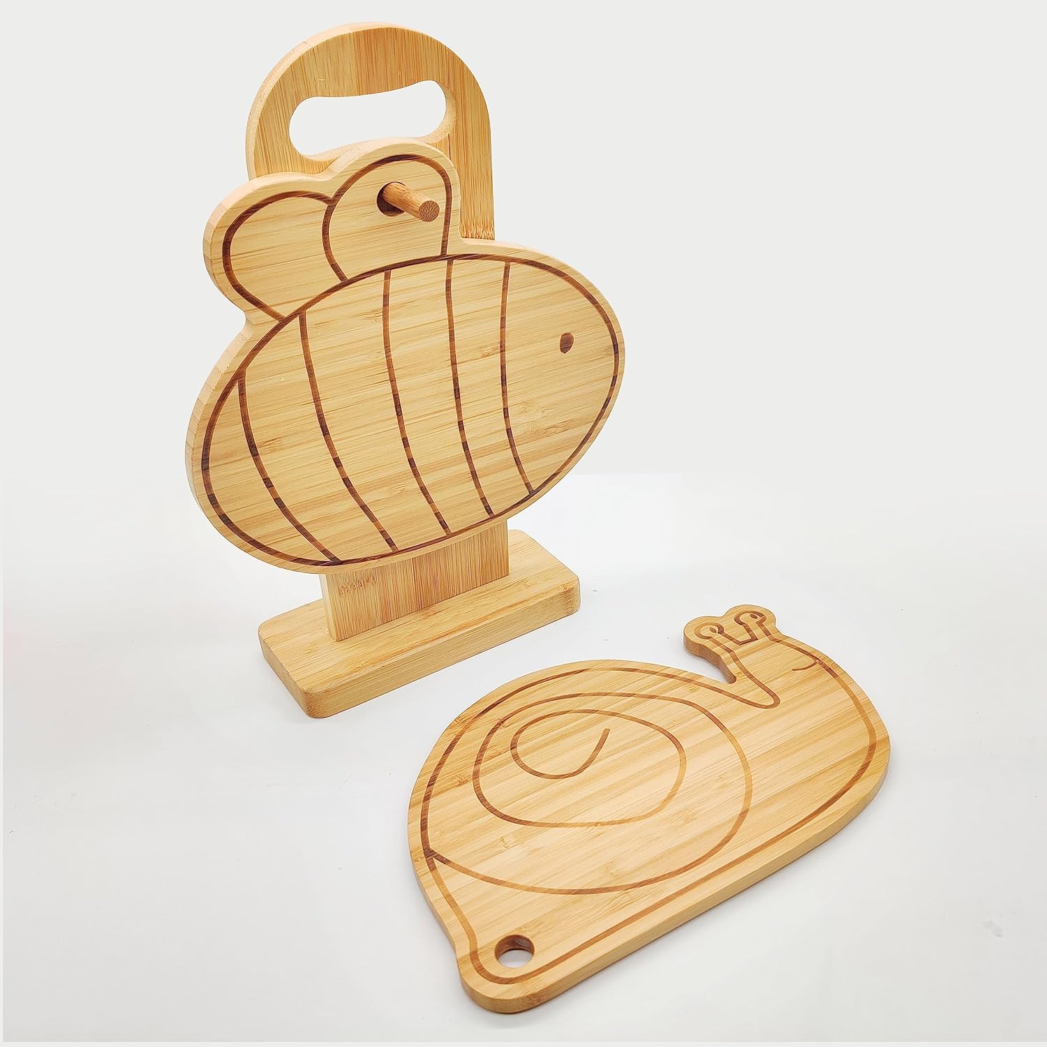 Juego de tabla de cortar de bambú pequeña, mini tabla de cortar de madera de frutas, tabla de queso con forma de caracol y abeja