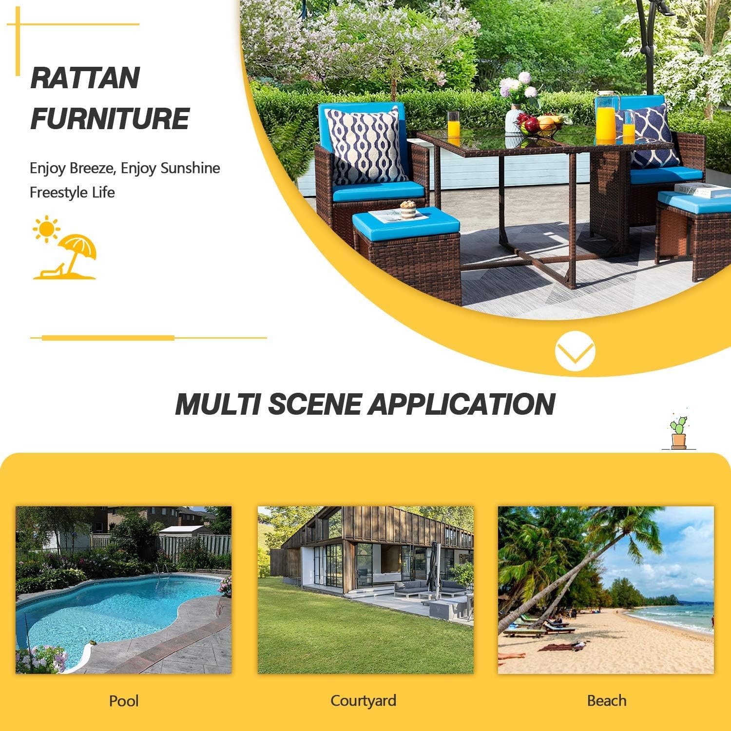 KaiMeng – Juego de comedor de 5 piezas para patio, sillas de mimbre marrón y negro, para exteriores, muebles de mimbre para balcón, porche con