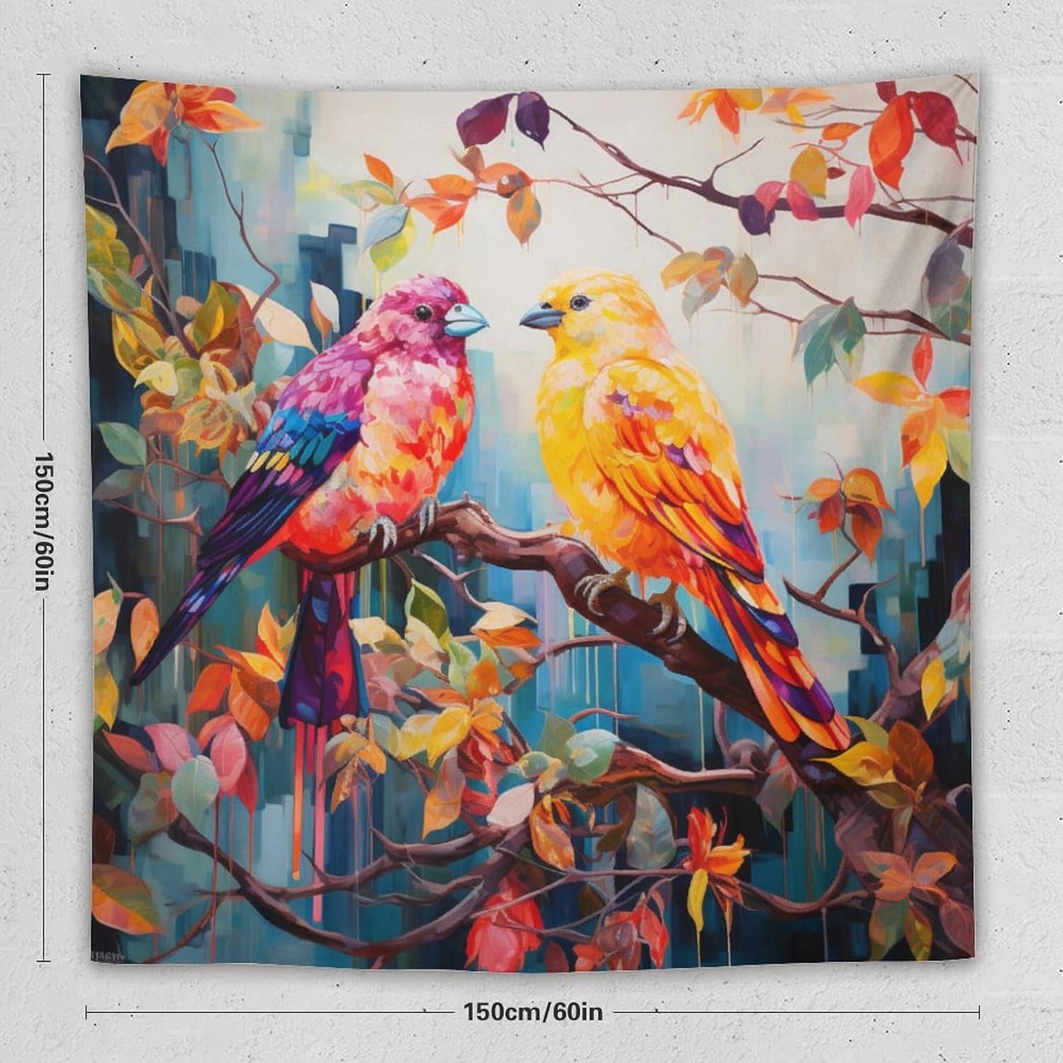 Tapiz de pájaros coloridos sentados en una rama de árbol colorido, tapiz artístico para dormitorio, estético, colorido pájaro volador, tapiz