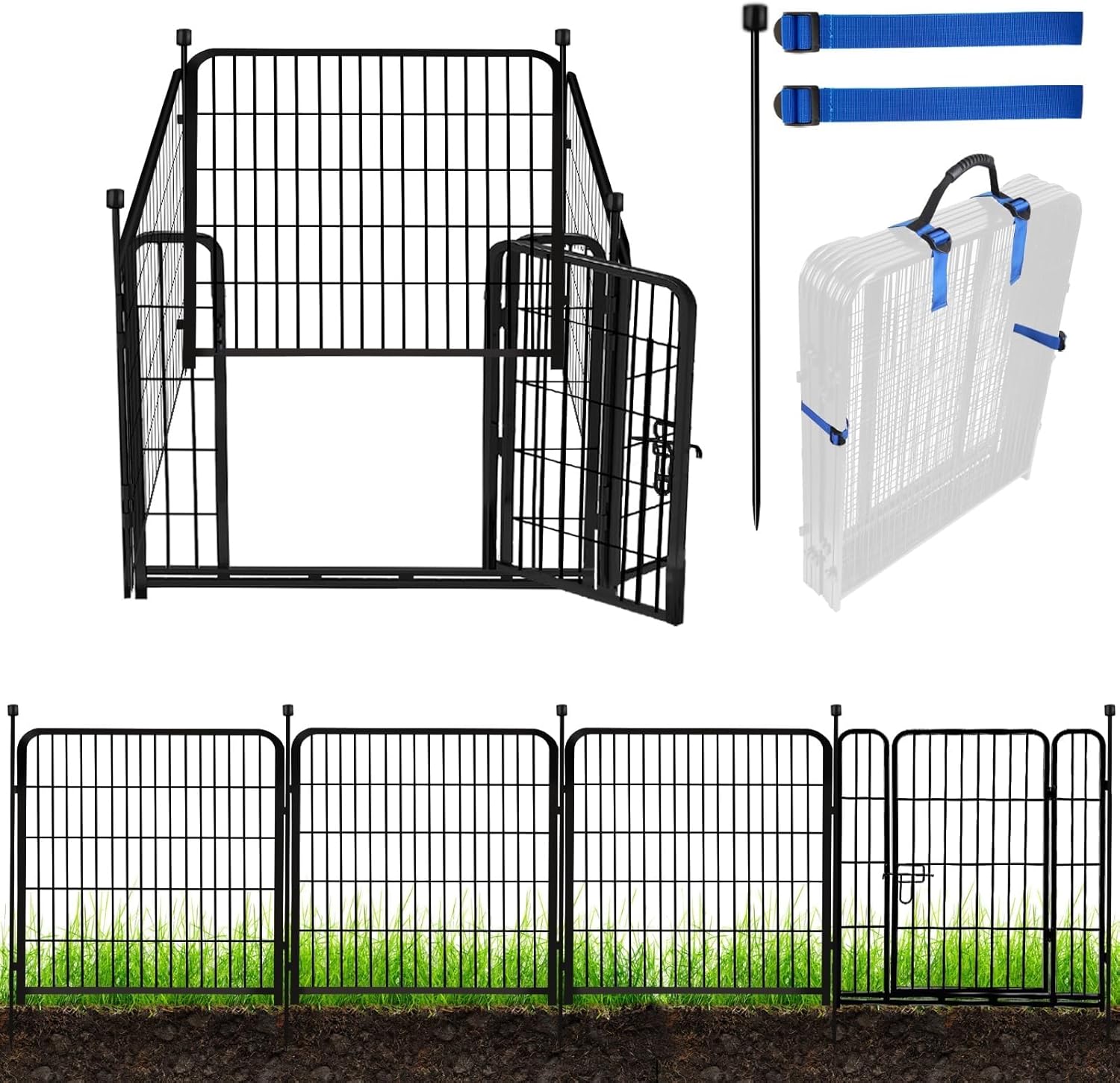 ADAVIN Valla de jardín con puerta de 32 pulgadas de alto x 9 pies de largo, cerca de barrera de metal de hierro negro resistente, corral para perros