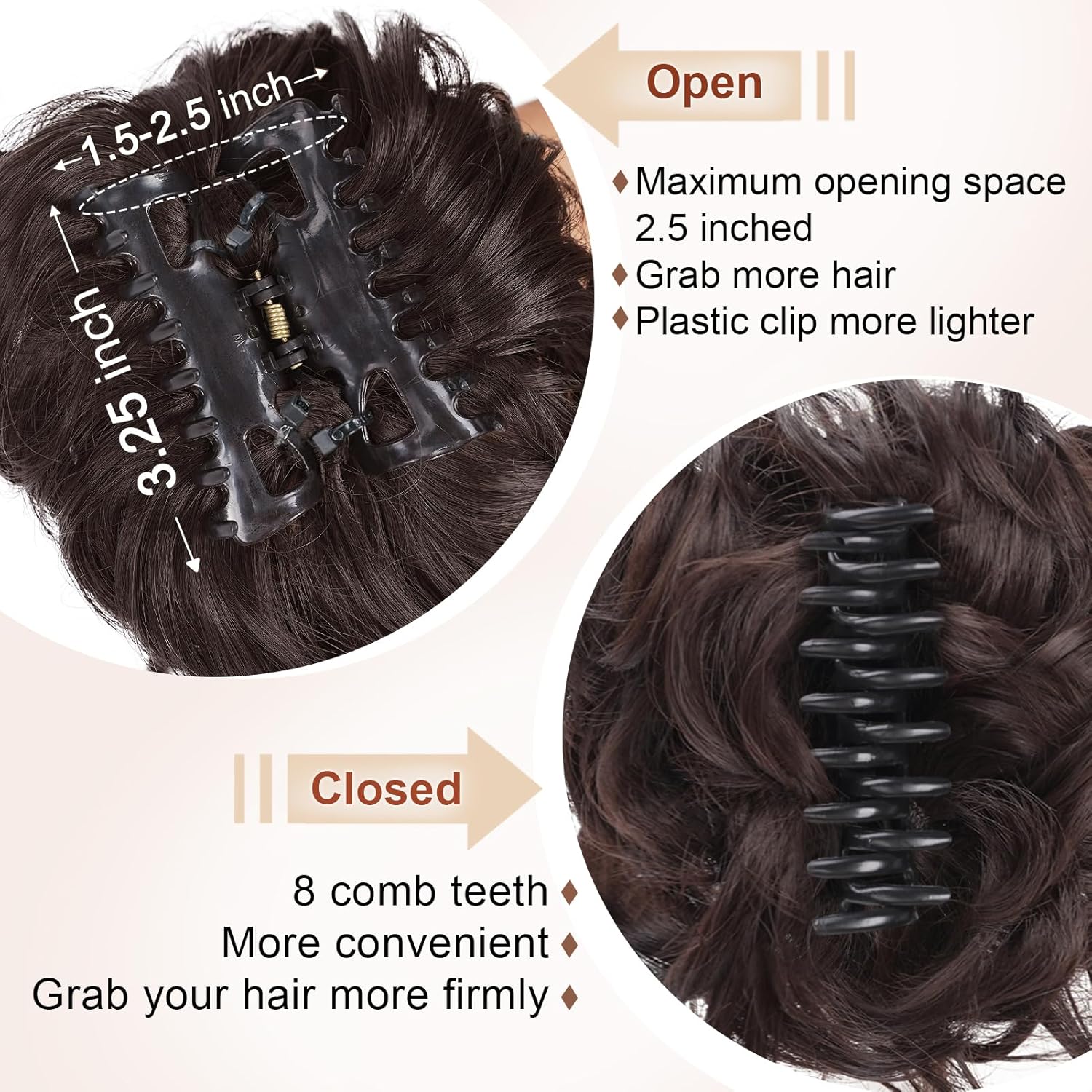 Extensiones de cabello con clip de moño desordenado para mujer, extensiones de cabello castaño con clip de garra para mujer, extensiones de cabello