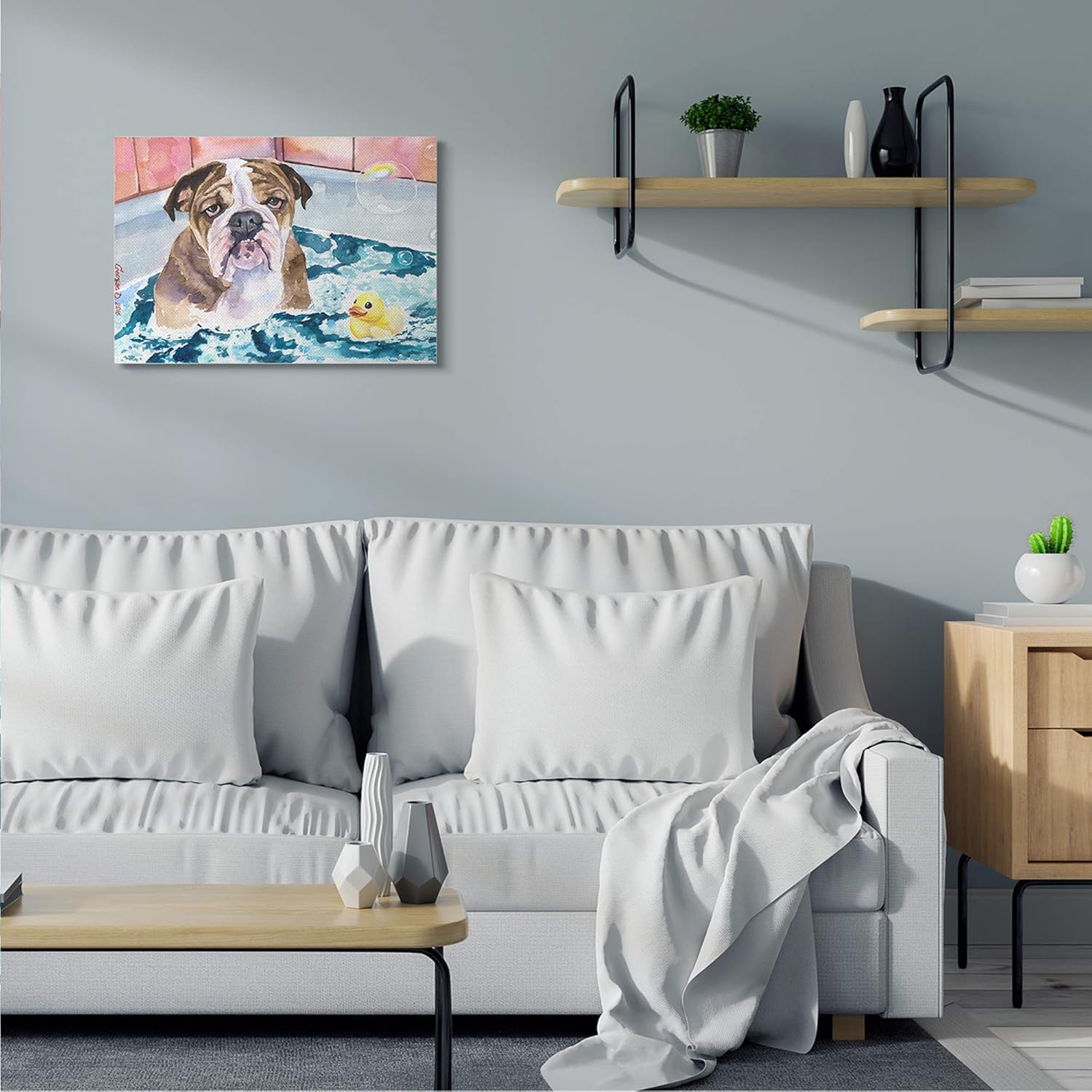 Stupell Industries Lienzo decorativo para pared, diseño de bulldog inglés en la bañera, diseño de George Dyachenko, 24 x 30 pulgadas, color azul