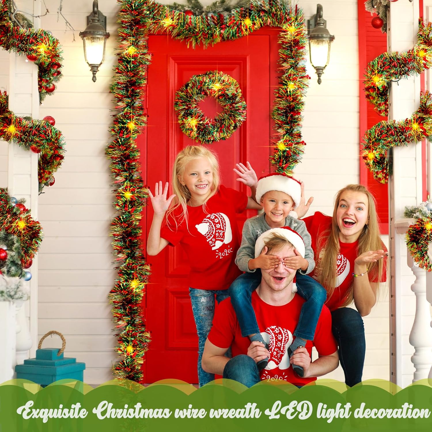 Guirnalda de oropel preiluminada de Navidad de 98.4 pies con tira de luces LED, guirnalda de Navidad para colgar guirnalda de Navidad para árbol de