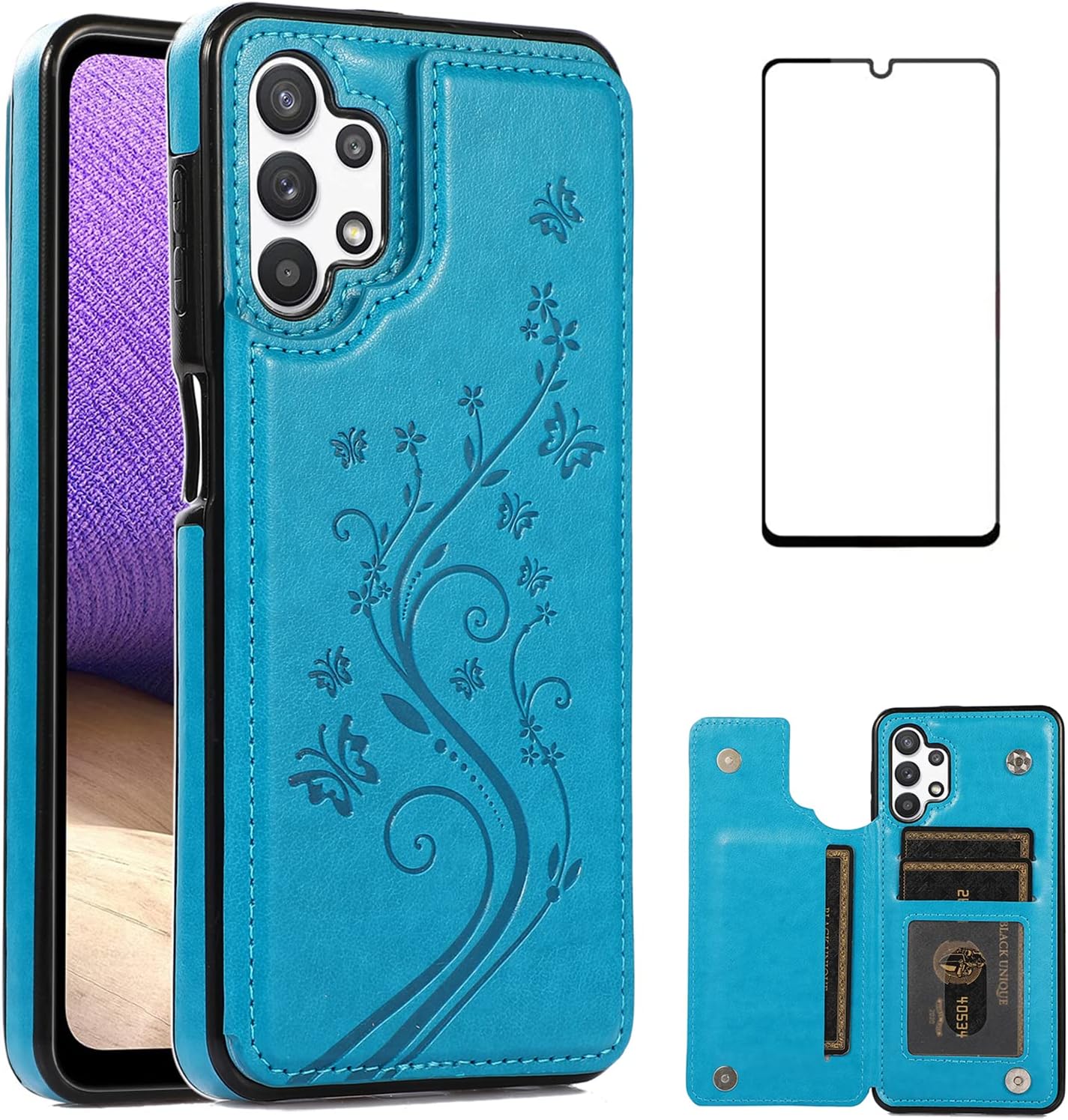 Funda de teléfono para Samsung Galaxy A32 5G de 6.5 pulgadas con protector de pantalla de vidrio templado, tarjeterotarjeterocartera, soporte para