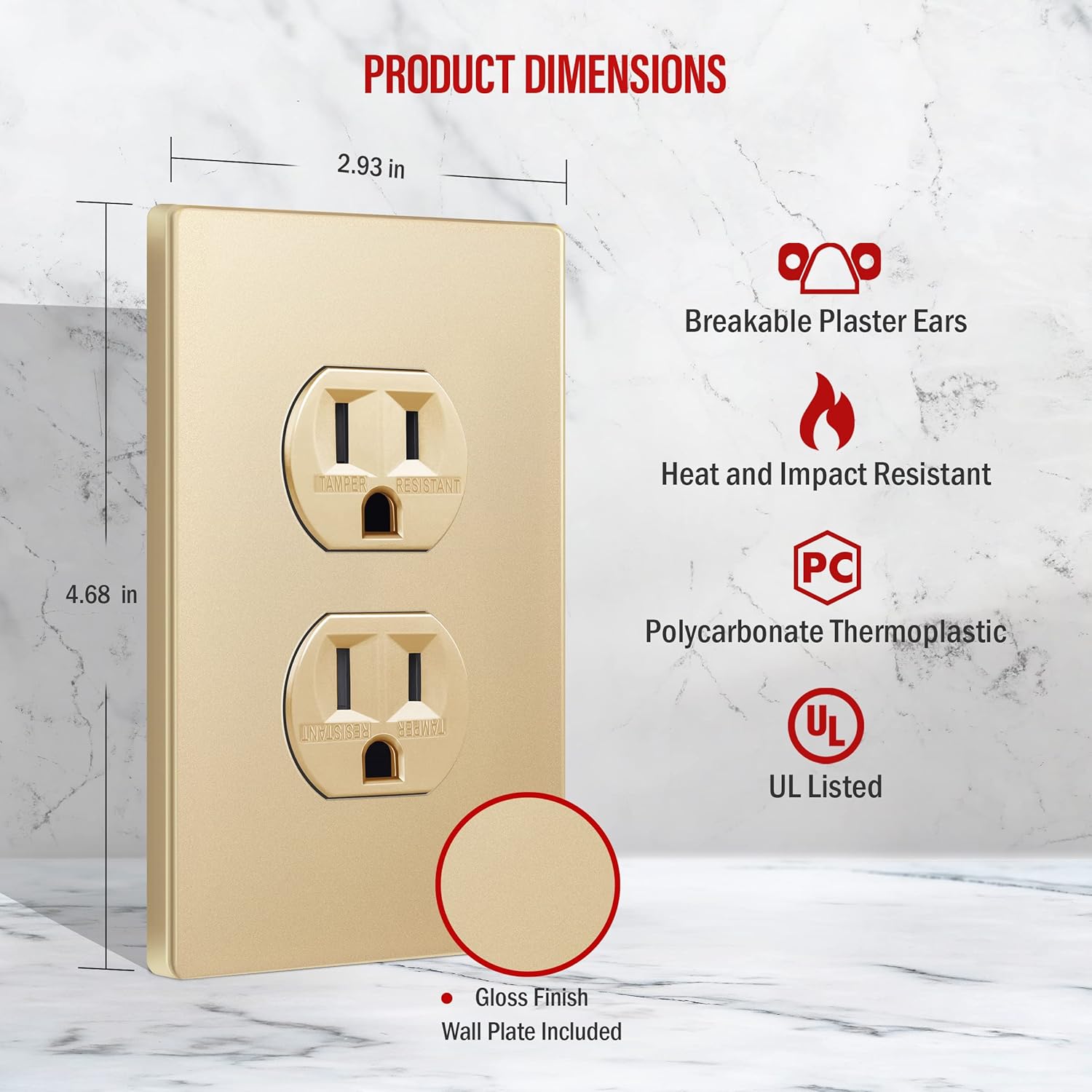 ENERLITES 61580-TR-GDWP – Receptáculo dúplex serie Elite con placa de pared sin tornillos, grado residencial, resistente a manipulaciones, 15 A 125