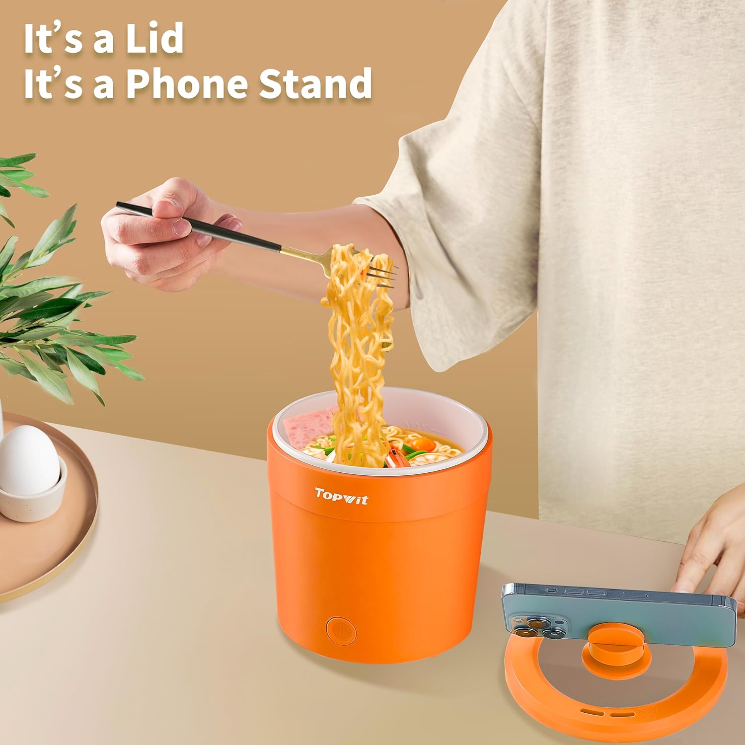 Topwit Ramen Cooker – Mini olla eléctrica de 1 litro para fideos, pasta, bistec, huevo con sobrecalentamiento y protección contra hervir en seco,
