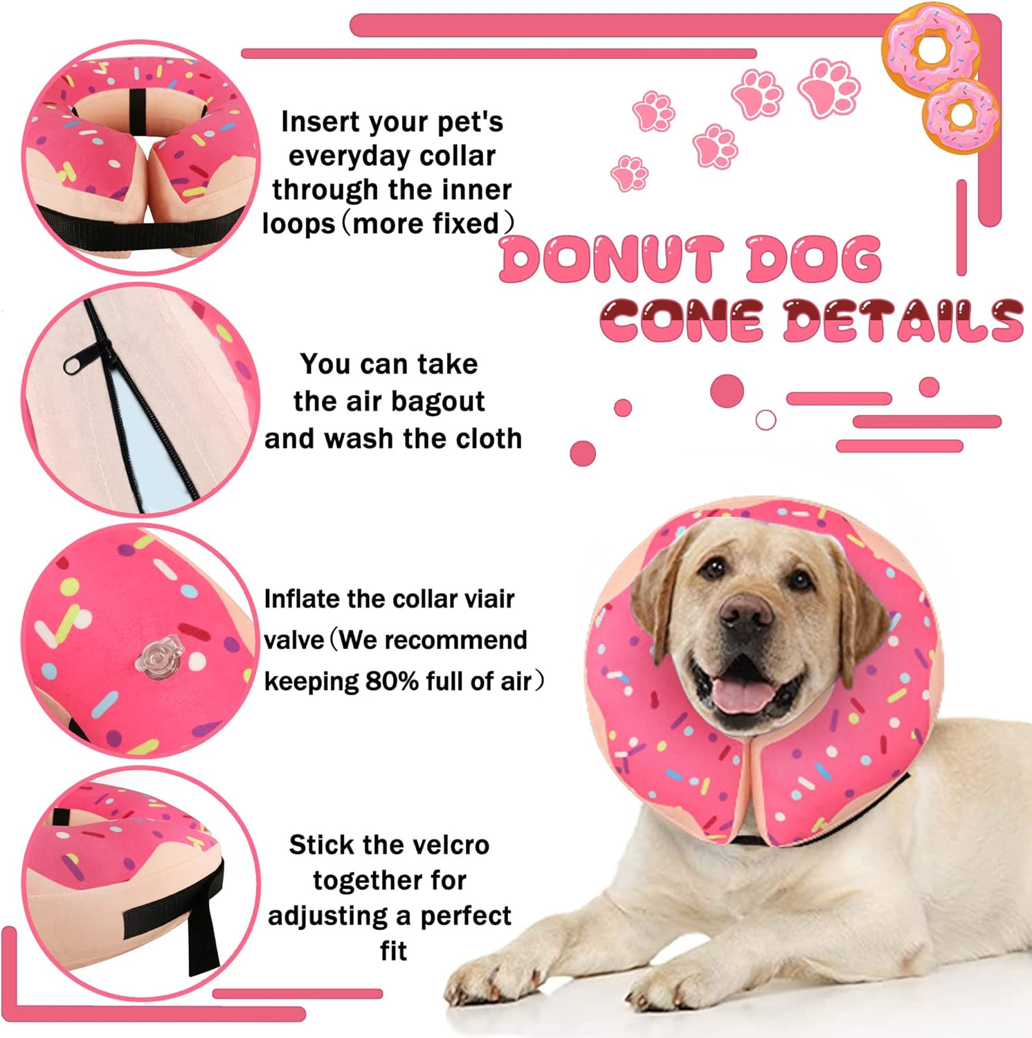 Collar inflable de cono para perros grandes, medianos y pequeños, collar de cono de recuperación suave y ajustable para perros y gatos, cuello de