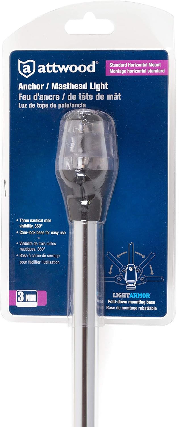 Attwood 7202-P-7 Lightarmor – Luz de anclaje incandescente plegable de 20 pulgadas, 3 millas náuticas, color plateado, talla única