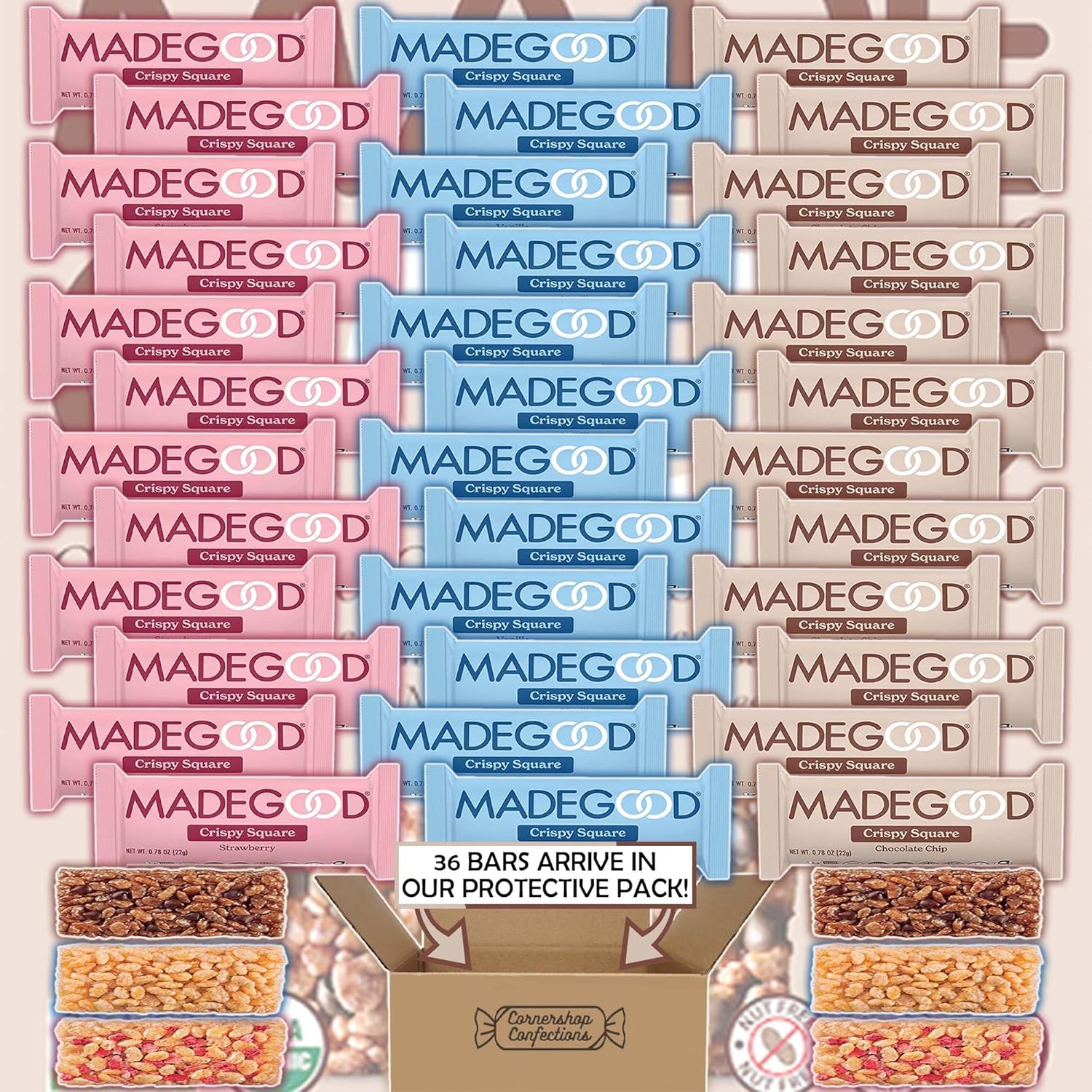MadeGood Crispy Squares – Paquete variado de 36 unidades, 3 sabores incluidos, 12 barras de cada sabor, chispas de chocolate, fresa y vainilla,