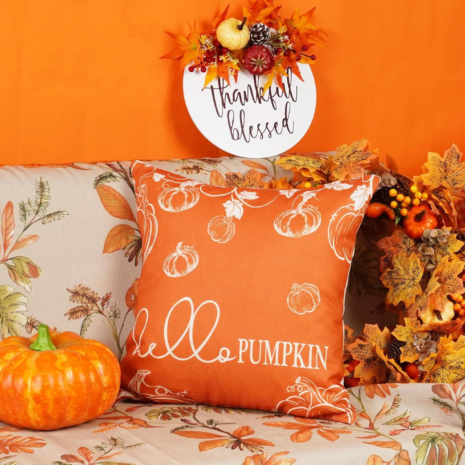 ONWAY Juego de 2 fundas de almohada otoñales de 18 x 18 pulgadas, diseño de calabaza, hojas de arce y calabaza, decoración para exteriores, patio,
