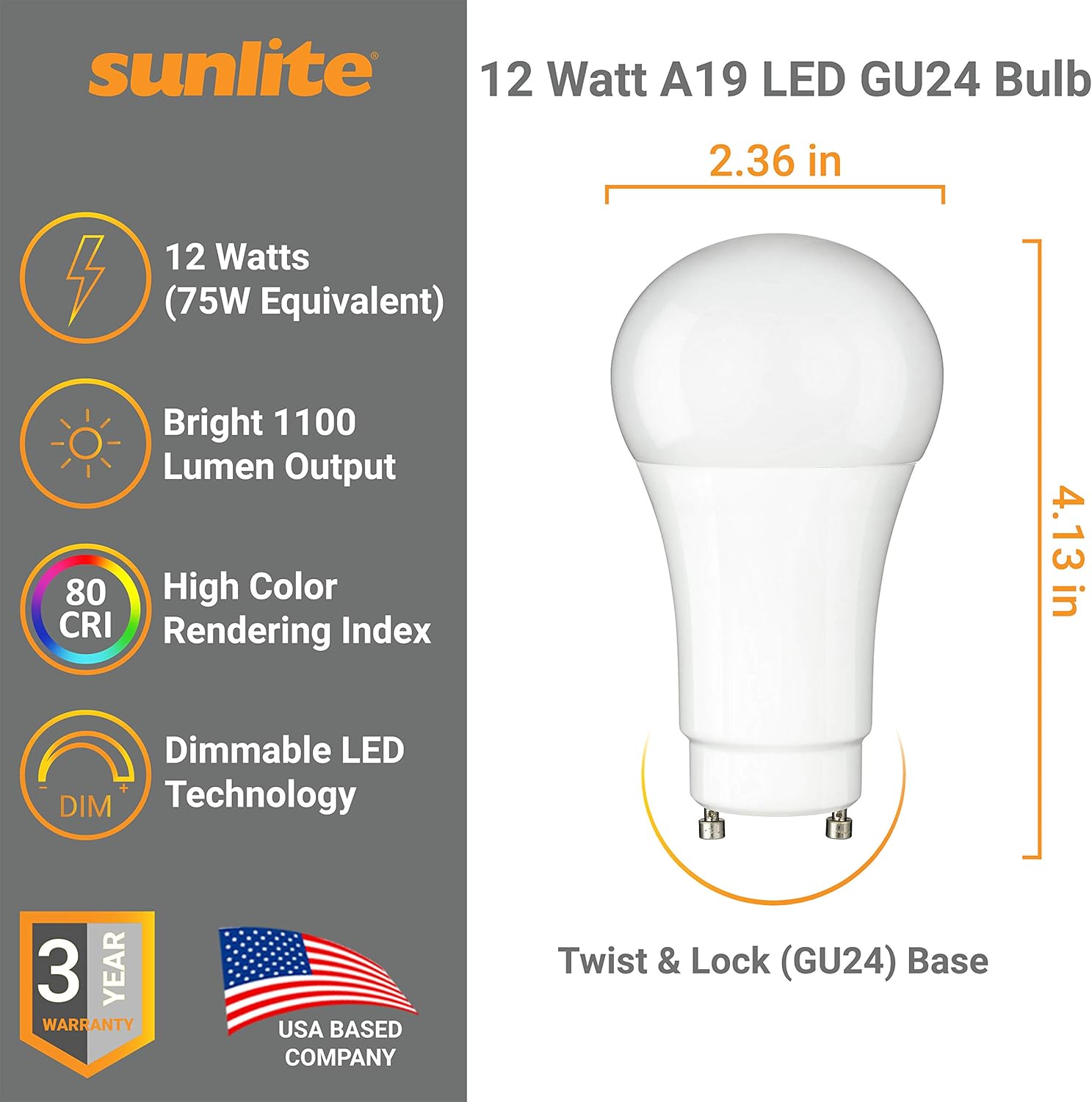 Sunlite 88255 Bombilla LED A19 de 12 vatios (equivalente a 75 W) 1100 lúmenes, base GU24 Twist and Lock, regulable, certificación UL, Energy Star,