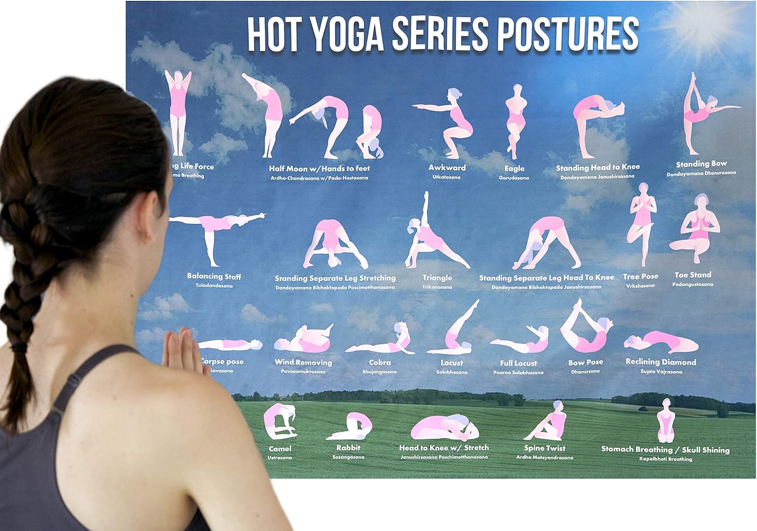 Póster grande de posturas de yoga Bikram  Tapiz para decoración de yoga caliente  Guía para principiantes para ejercicio efectivo de yoga, material
