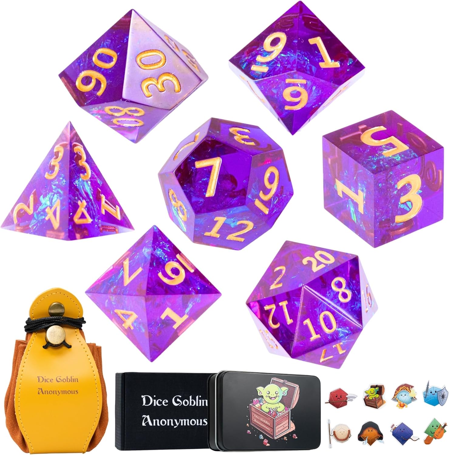 DND – Juego de 7 dados poliédricos de resina de borde afilado para Calabozos y Dragones, con bolsa de dados, bandeja de dados y calcomanías (lavanda
