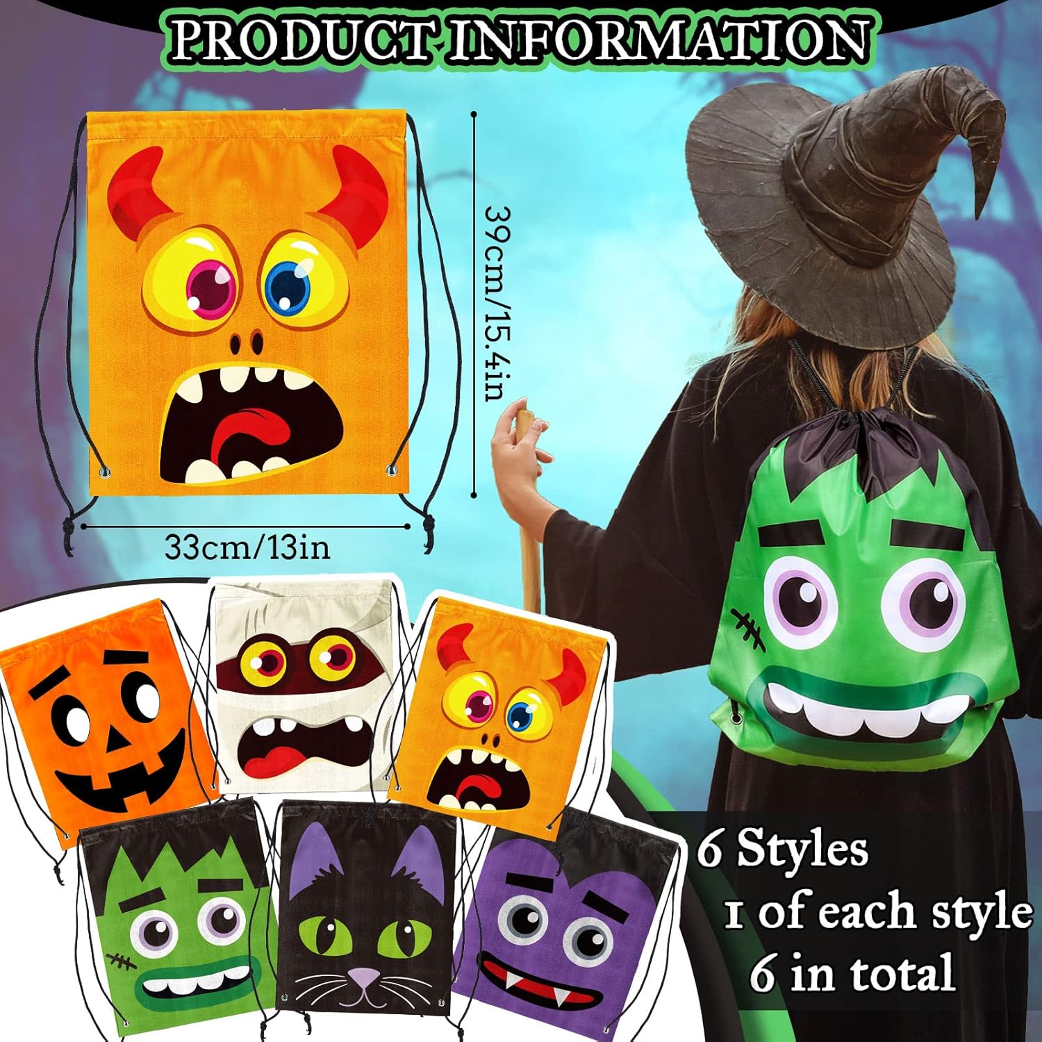 Whaline Paquete de 6 bolsas con cordón de Halloween, diseño de dibujos animados de Halloween, bolsas de regalo reutilizables, mochila de dulce o