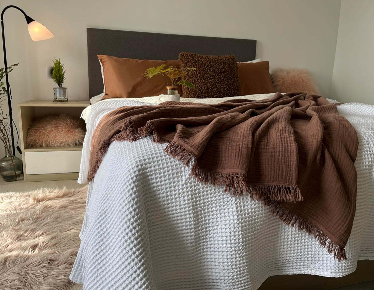 Manta de punto gofre 100% algodón de 90 x 90 pulgadas con borla, ligera, prelavada, suave, transpirable, manta perfecta para decoración de