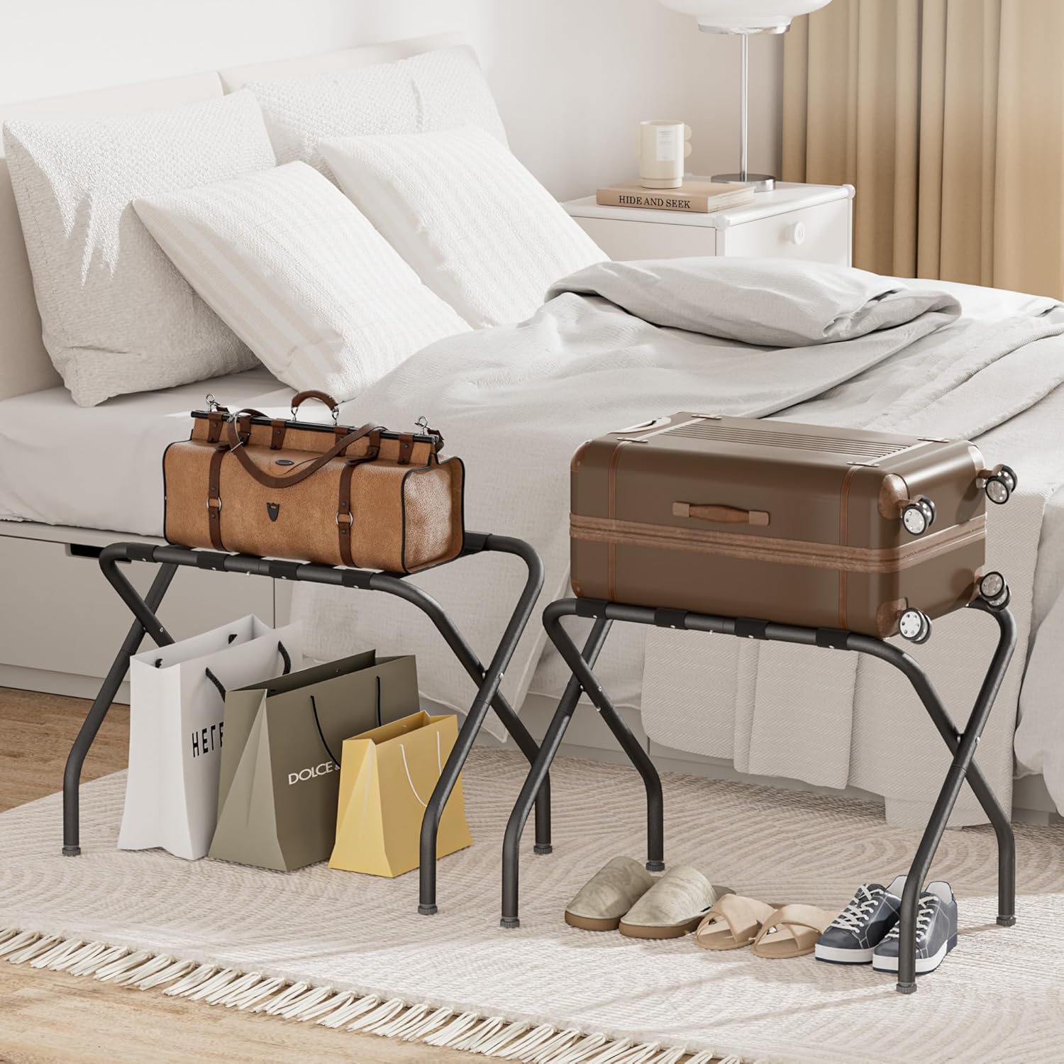 Jsluiiys Portaequipajes, paquete de 2, soporte plegable para maleta, soporte de equipaje plegable tipo X, soporte de equipaje negro resistente,