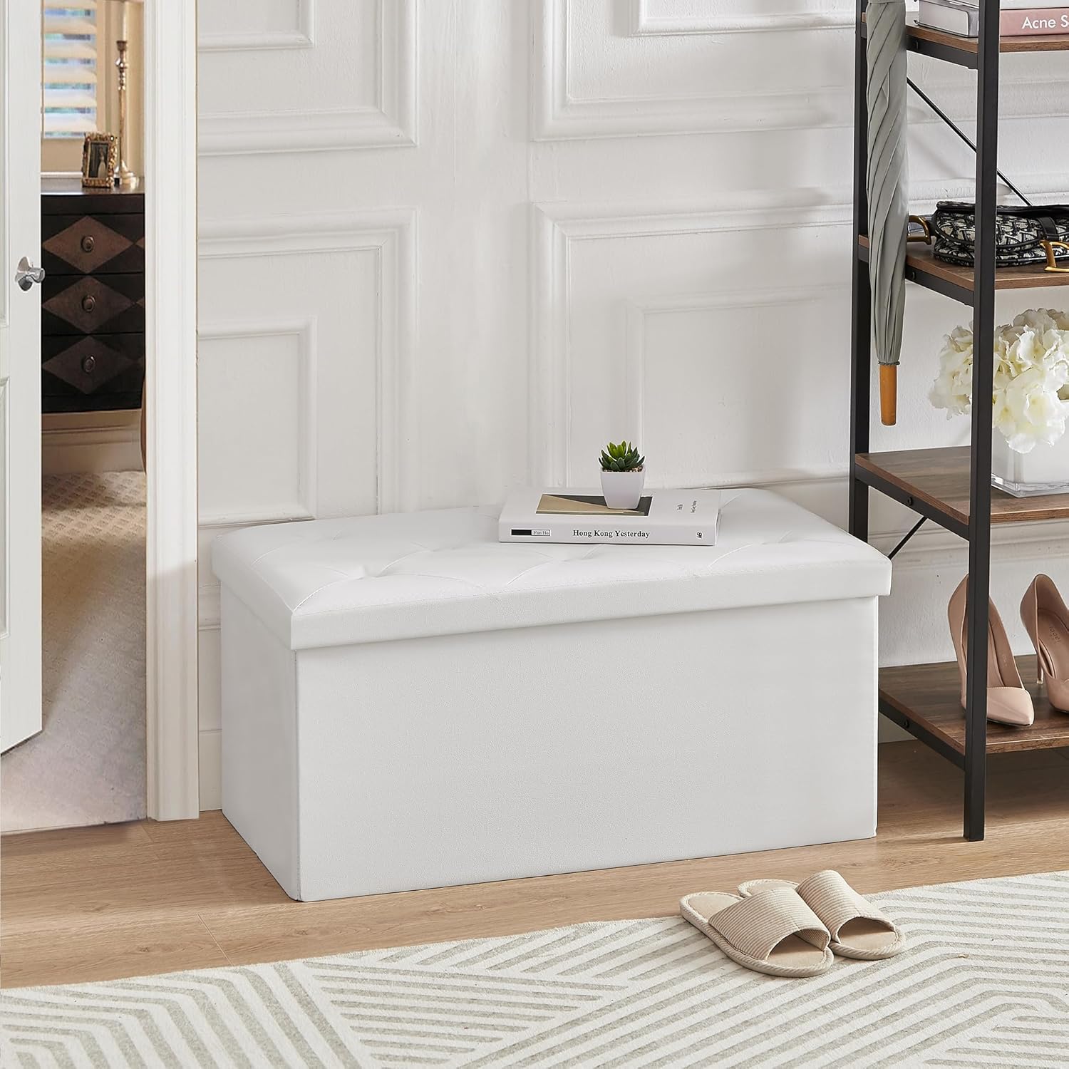 VECELO Banco otomano plegable de almacenamiento de 30 pulgadas, taburete y reposapiés versátil, banco de dormitorio con almacenamiento, baúl de