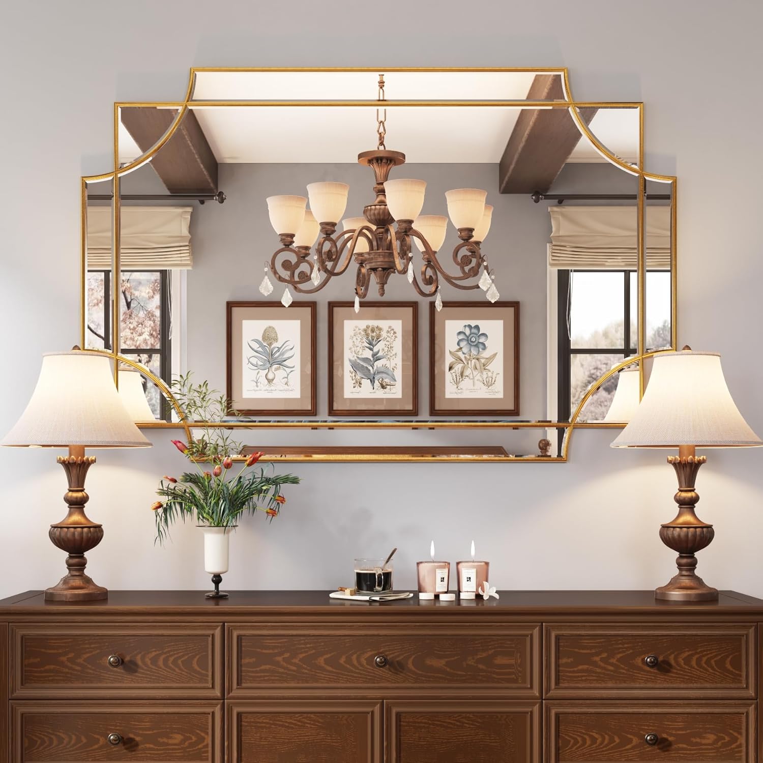 Kelly Miller Espejo grande dorado de 32 x 48 pulgadas para pared, espejo decorativo moderno, espejo rectangular de pared, espejo biselado de