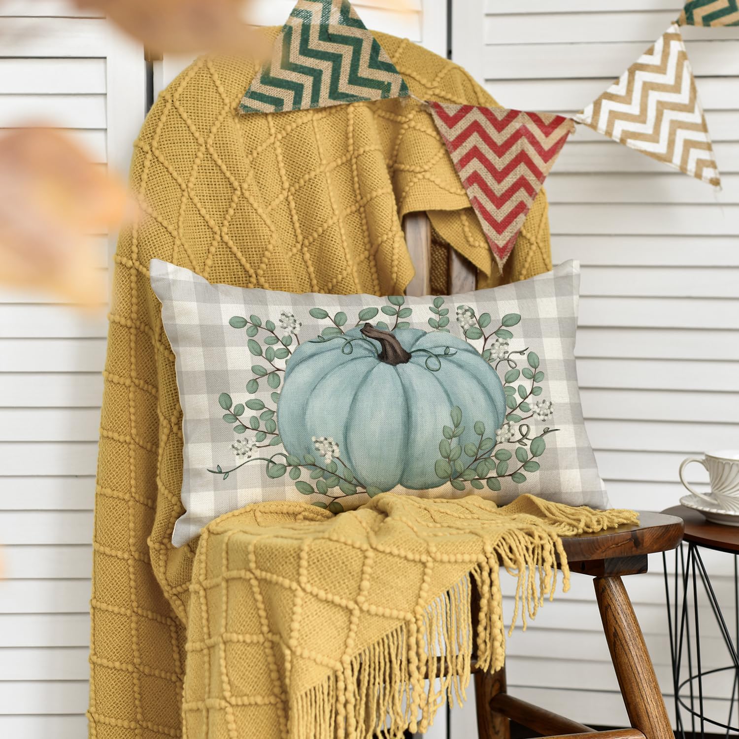AVOIN colorlife Funda de almohada de hojas de eucalipto de calabaza verde azulado de 12 x 20 pulgadas, decoración de otoño y otoño, cosecha de