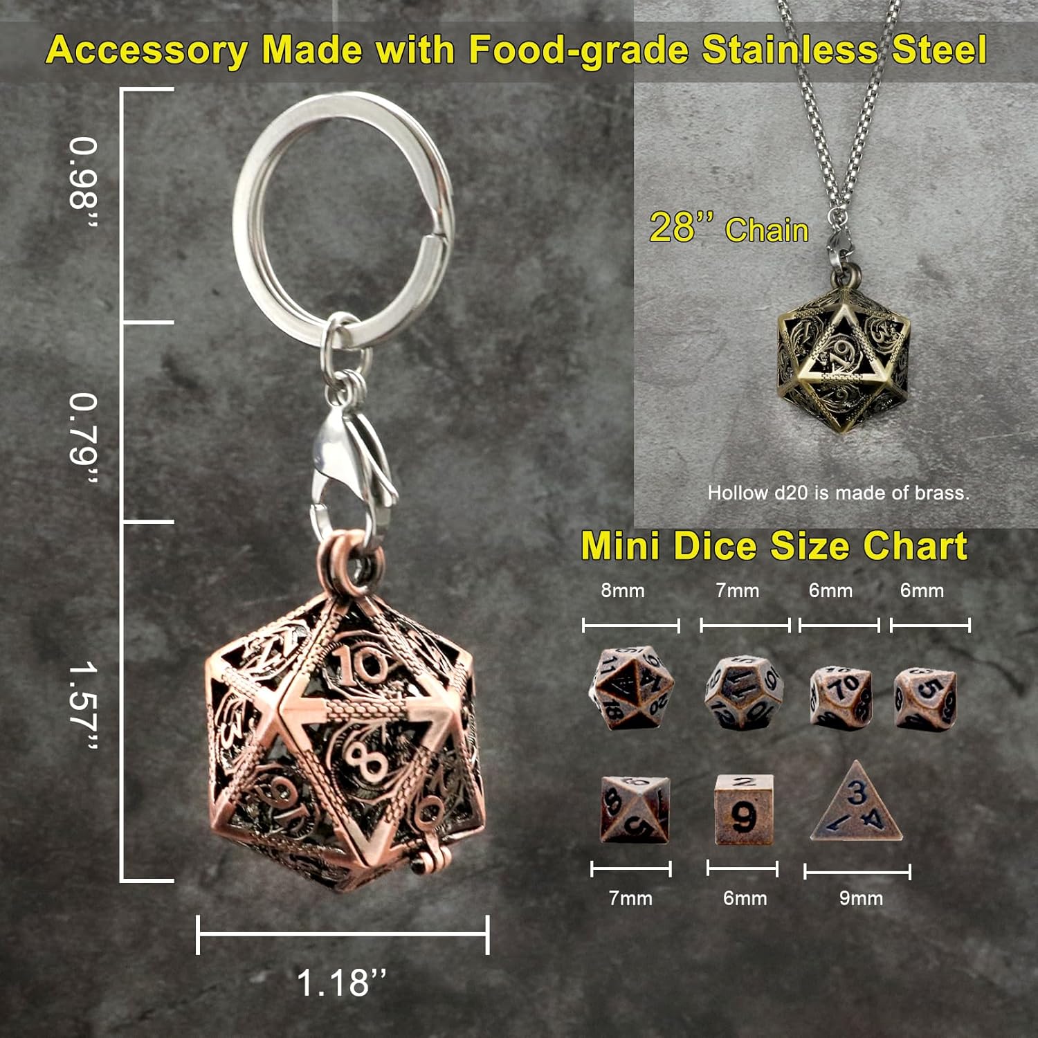 Haxtec Juego de dados pequeños de metal DND con cobre hueco D20, collar D20, juego de dados pequeños antiguos, llavero D&D, portátil, 7 piezas