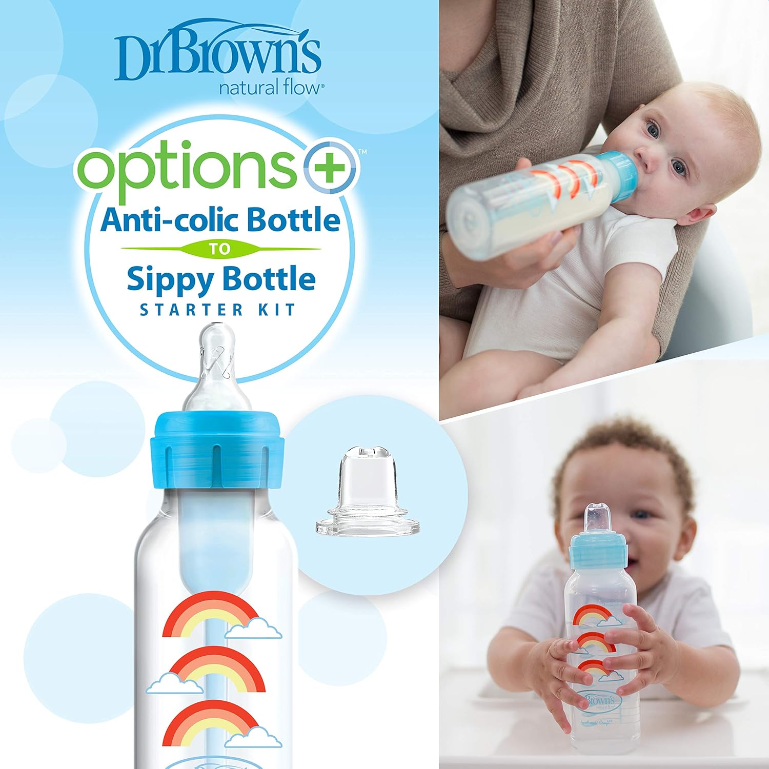 Dr. Brown’s Natural Flow Anti-Colic Options+ – Kit de inicio de botella para sorber estrecho, 8 onzas, con boquilla de flujo medio rápido nivel 3 y
