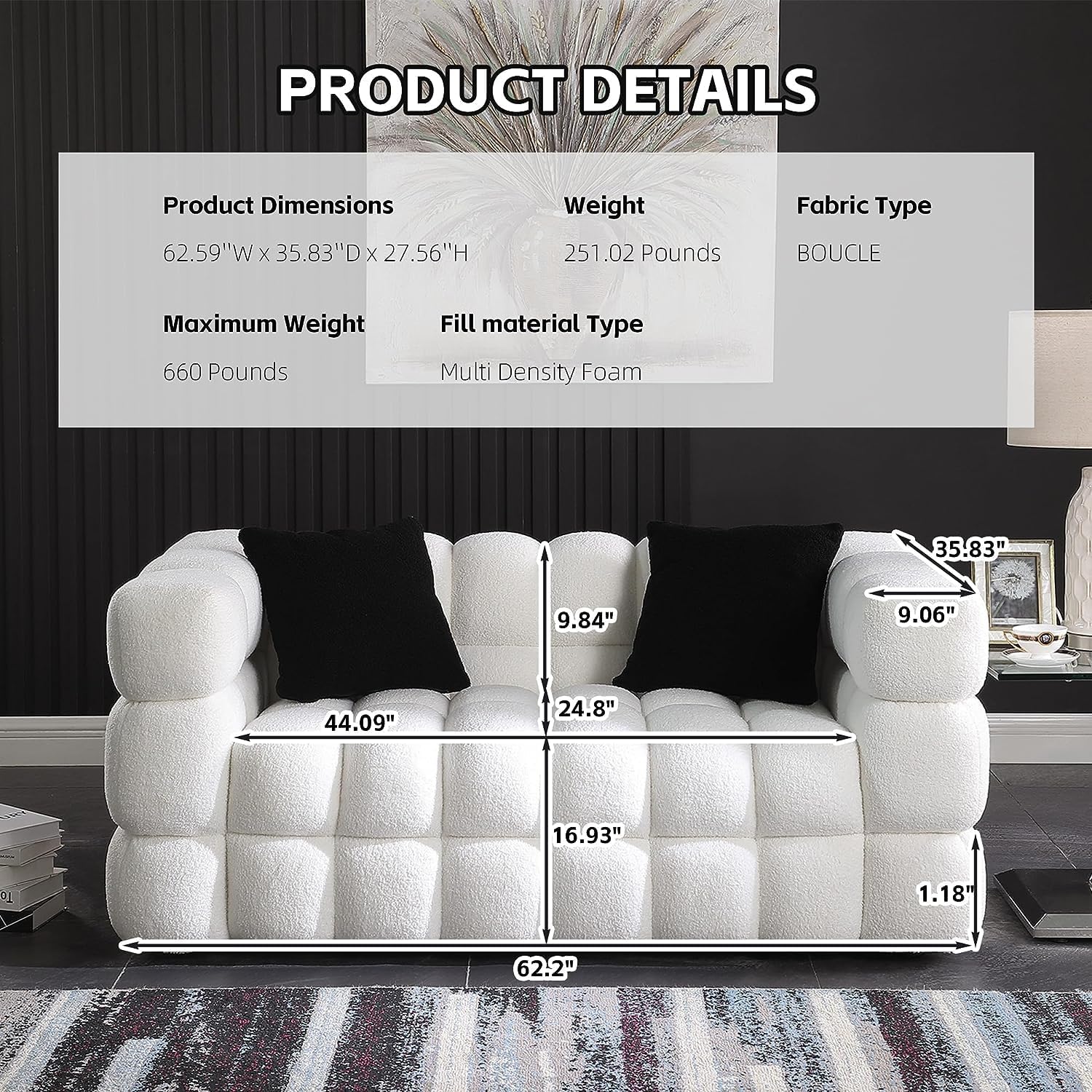 Sofá moderno de burbujas, sofá de nube con 2 almohadas, cómodo sofá biplaza de tela Bouclé, muebles decorativos para espacios pequeños, sala de