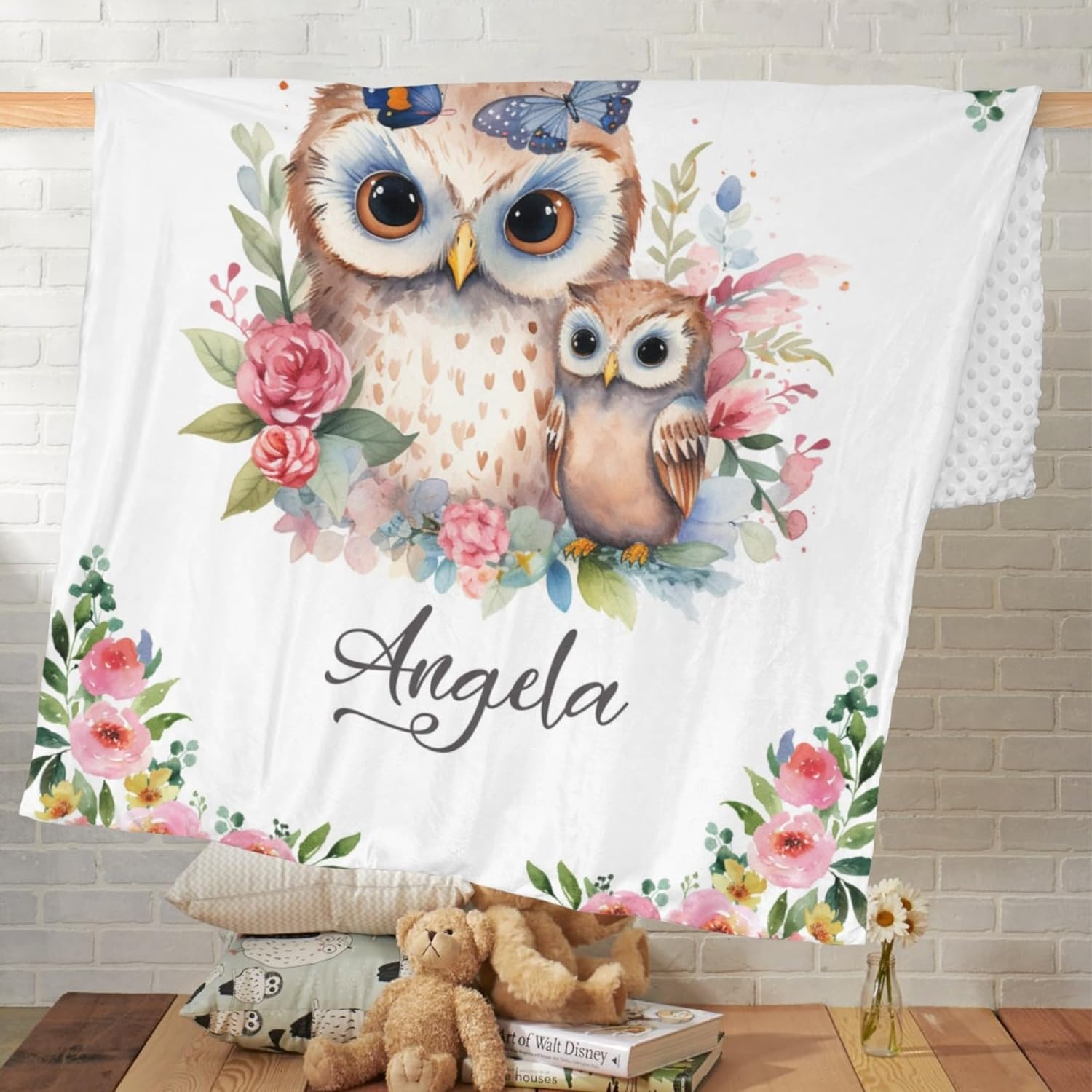 Manta personalizada con nombre, mantas de bebé personalizadas para niñas, manta de bebé de felpa suave con diseño de búho minky, respaldo punteado,