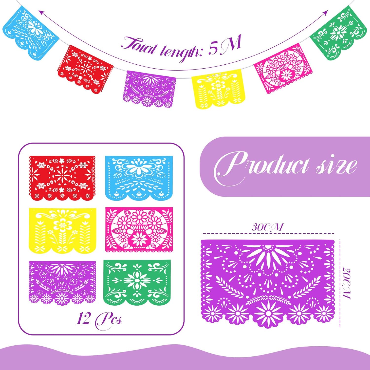 TaoBary Juego de 15 decoraciones del Día de los Muertos de 34 pulgadas, decoración colgante de calavera de azúcar de 16.4 pies, pancartas de papel
