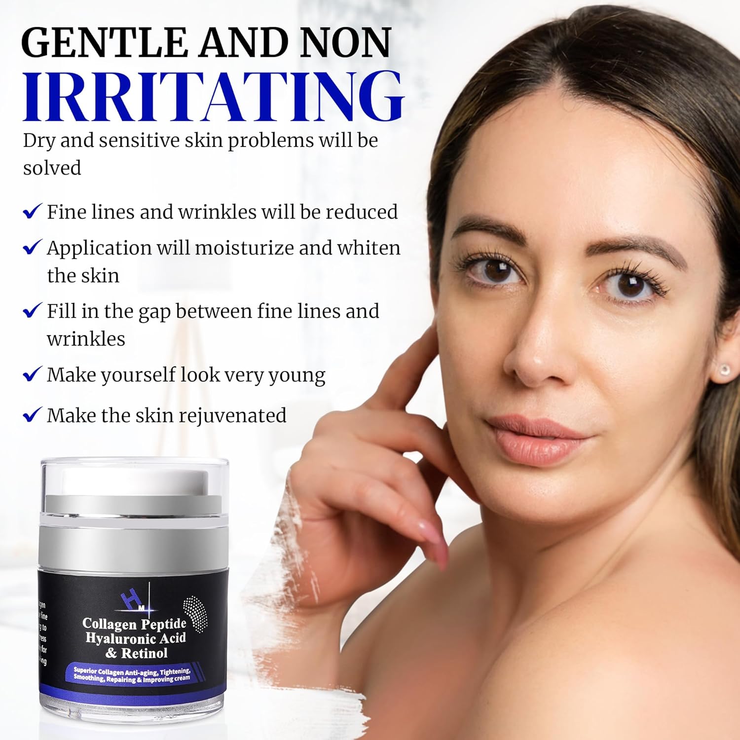 HM – Crema de péptido de colágeno con ácido hialurónico, retinol y vitamina E, antiarrugas y antienvejecimiento, restaura el colágeno a la piel,