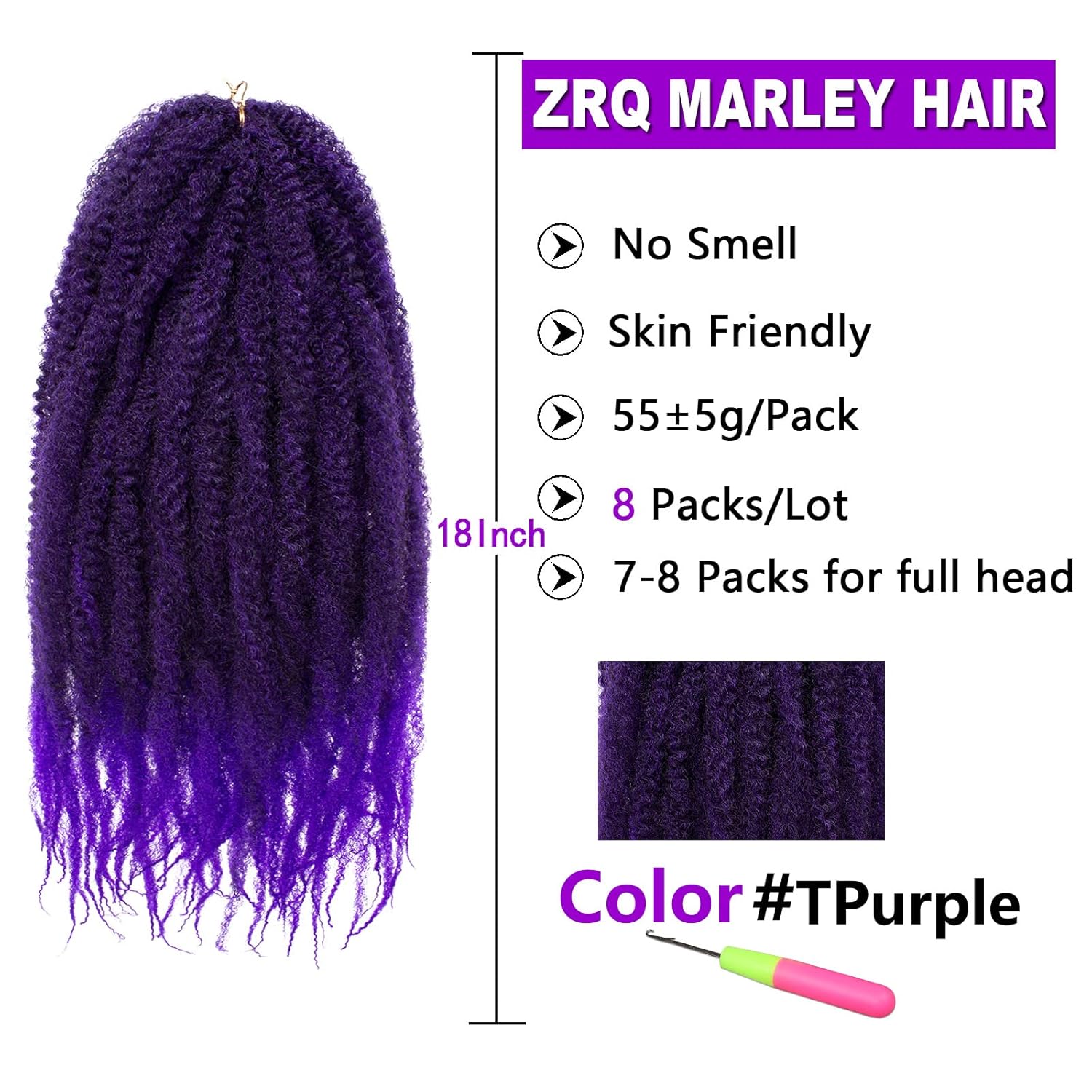 ZRQ 8 paquetes de cabello trenzado con rizos Marley Morados, 18 pulgadas, cabello afro rizado Marley Twists, cabello rizado suave (púrpura, 8