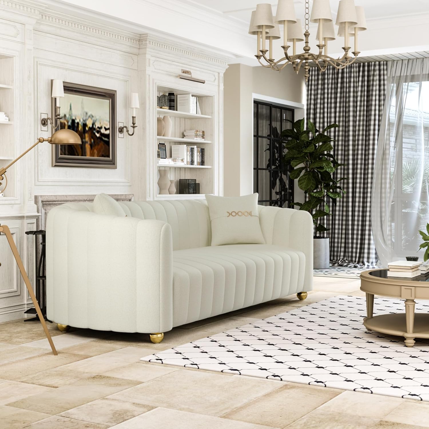 Chesterfield – Sofá tapizado de lana de cordero de 83 pulgadas, moderno de mediados de siglo, sofá tapizado para 3 personas con 2 almohadas, patas