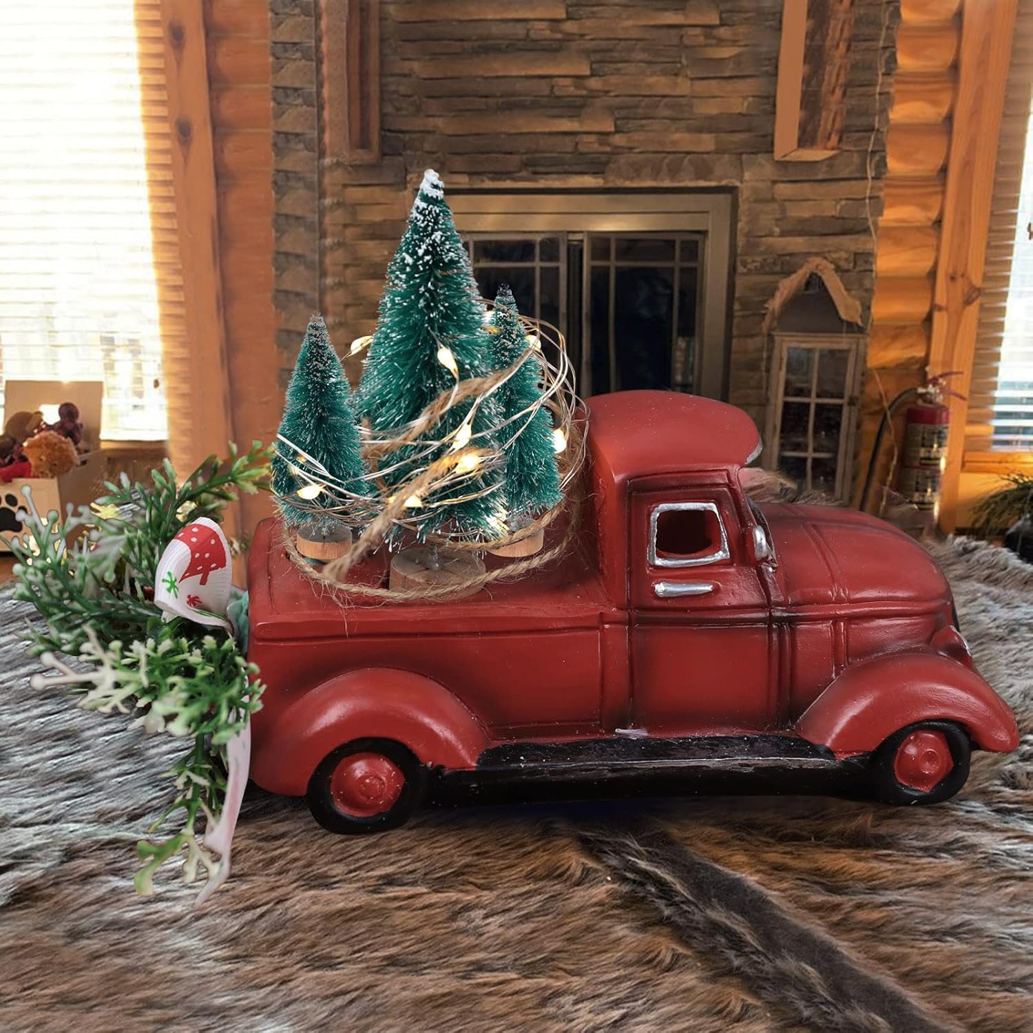 Adorno vintage de Navidad rojo para camioneta brillante de árbol de Navidad, decoración de manualidades rústicas rojas para fiesta en el hogar