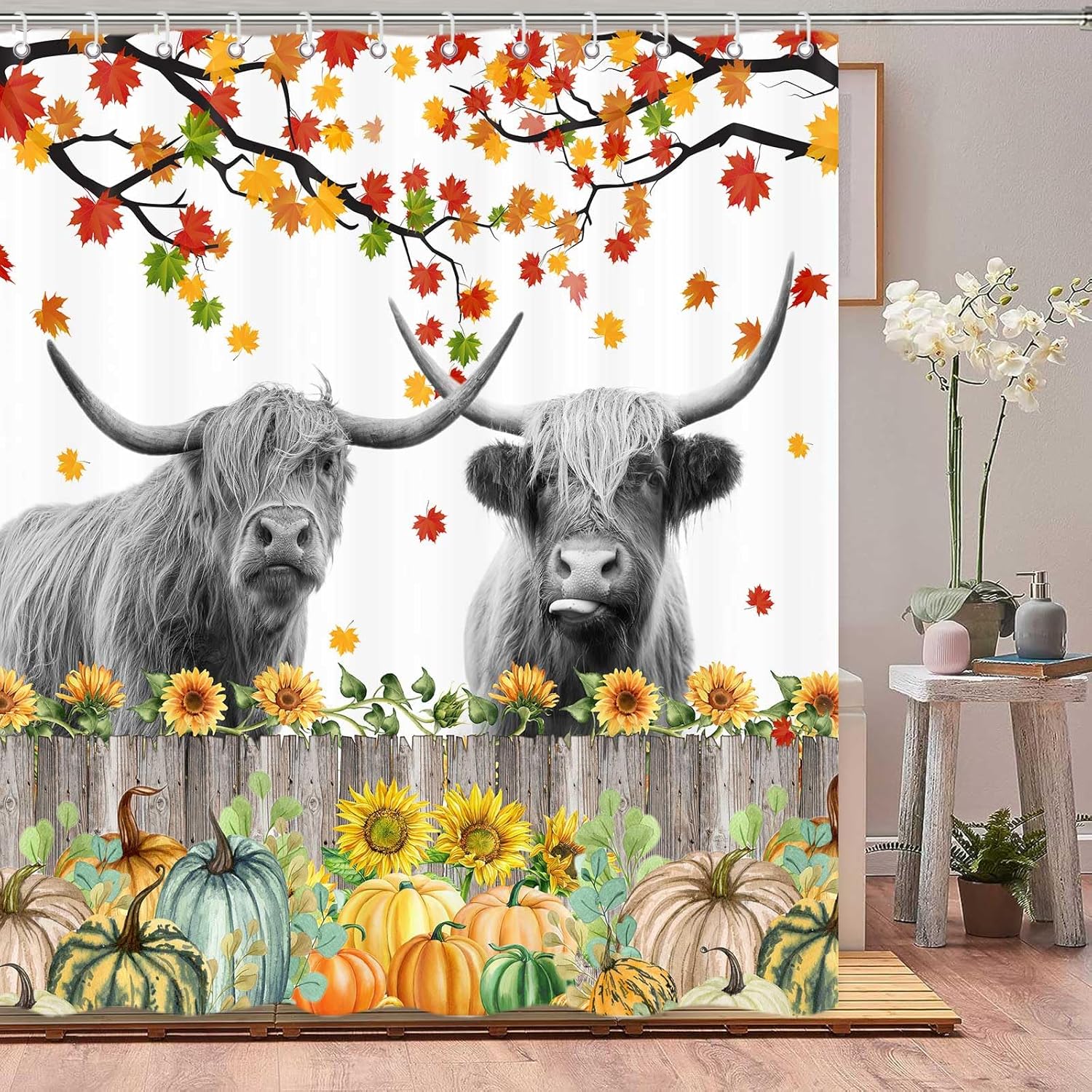 Highland – Cortina de ducha de vaca, rústica, granja, hojas de arce, calabaza, juego de cortinas de ducha para baño con ganchos, decoración de baño