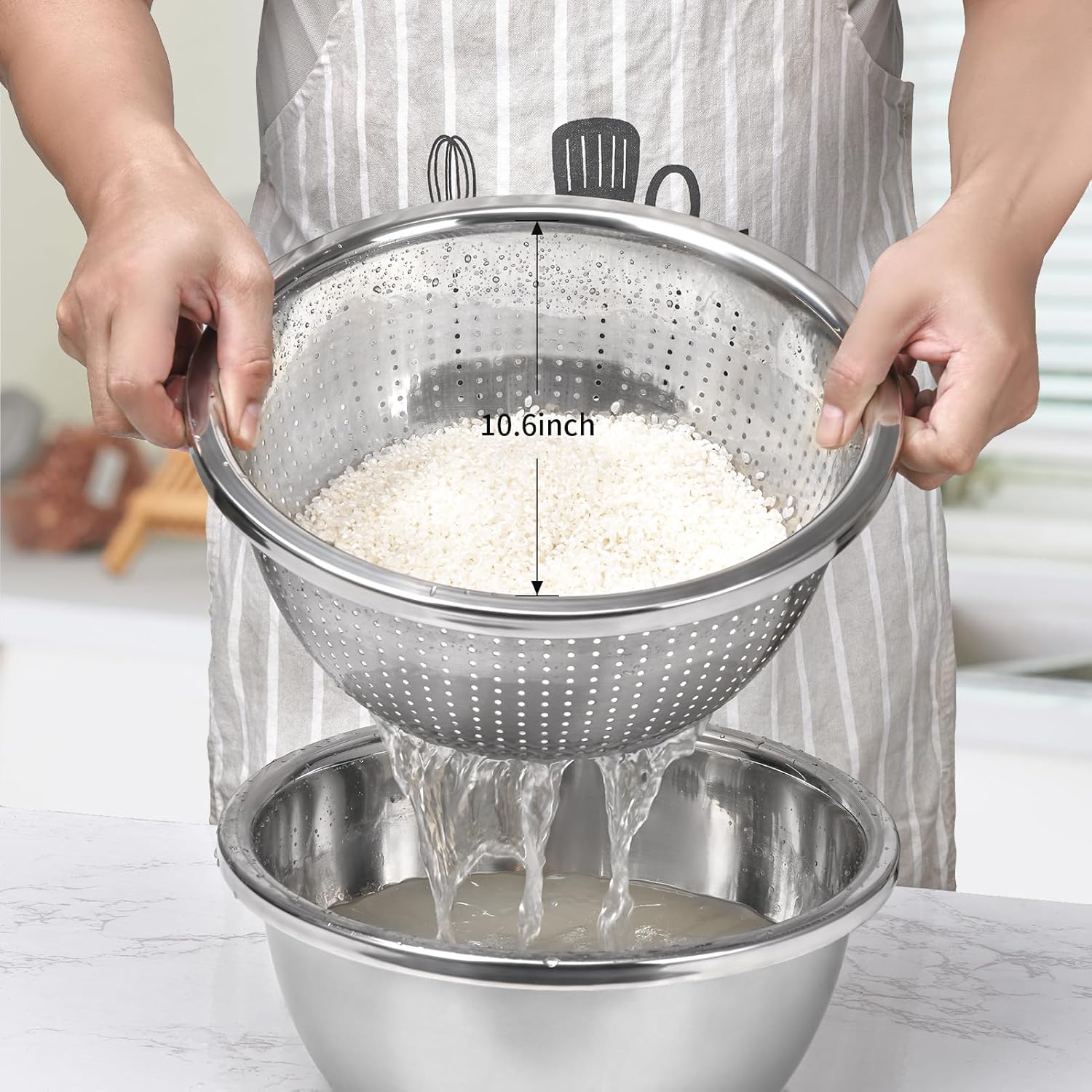 Colador de acero inoxidable 304, colador de arroz de 5 cuartos extragrande con tazones para mezclar, coladores y coladores para cocina para escurrir