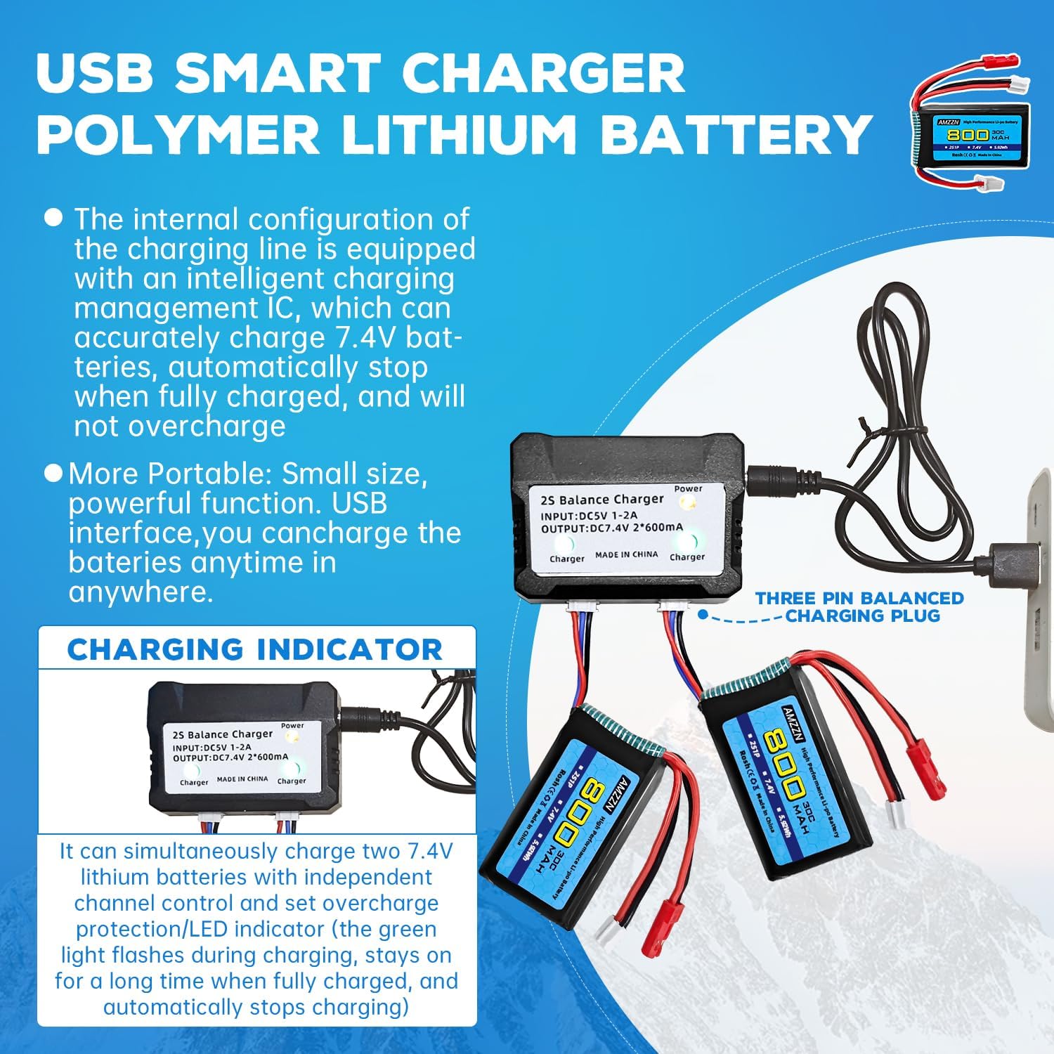 2 baterías Lipo de 7.4V 30C 2S 800mAh con enchufe JST y enchufe PH2.0 + carga 2 en 1 para batería de automóvil SCX24 RC, compatible con la mayoría