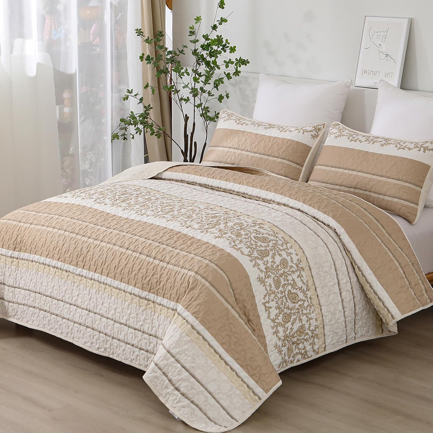 Juego de edredón marrón tamaño Queen, colcha reversible de 3 piezas de cachemira caqui, funda de cama de microfibra suave para todas las estaciones