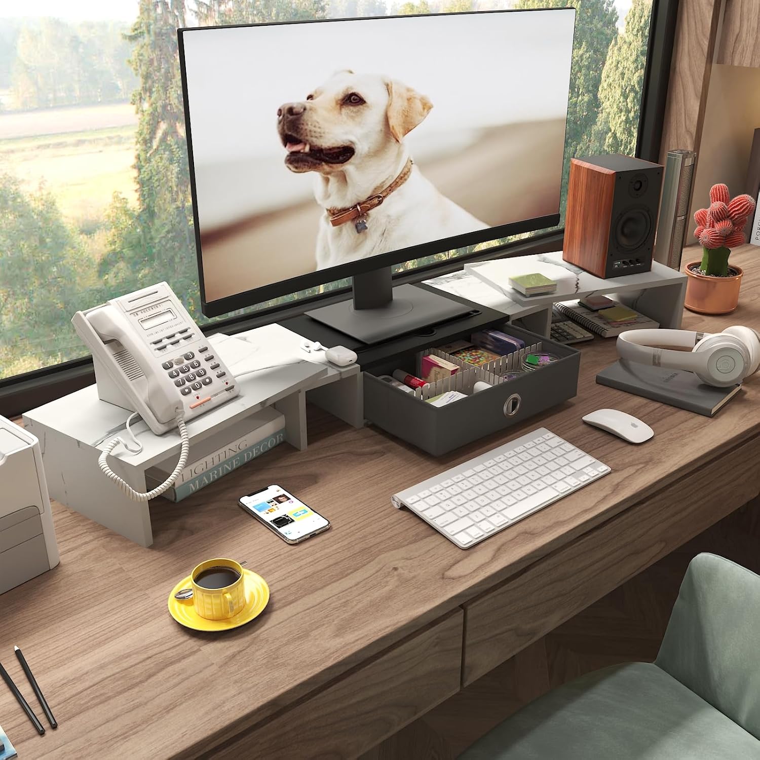 WESTREE Soporte elevador triple para monitor doble con cajón, extra grande ajustable para 2  3 monitores, solt para teléfono y tableta, soporte