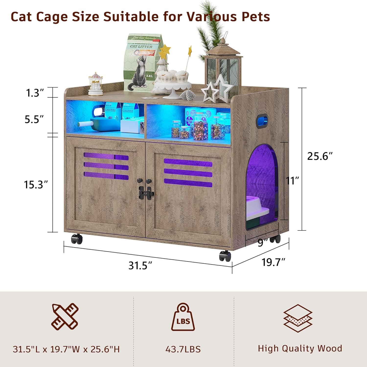 FOMNEY Caja de arena para gatos, mueble oculto con cuerpo humano, 3 luces LED de color, jaula para gatos con 2 cajones abiertos y 1 puerto USB, casa