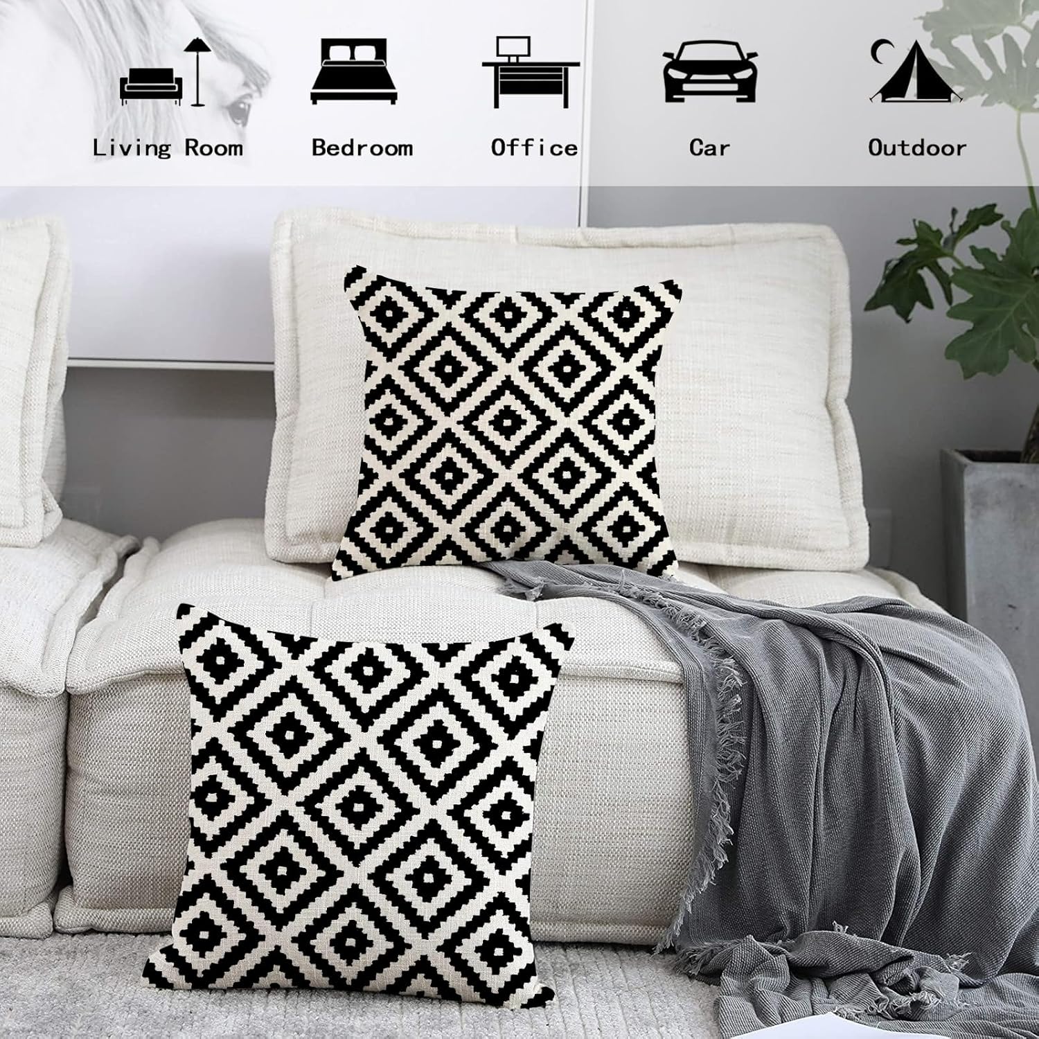 2 fundas de almohada de 18 x 18 pulgadas con patrón geométrico blanco y negro, funda de almohada con patrón retro para decoración del hogar, funda