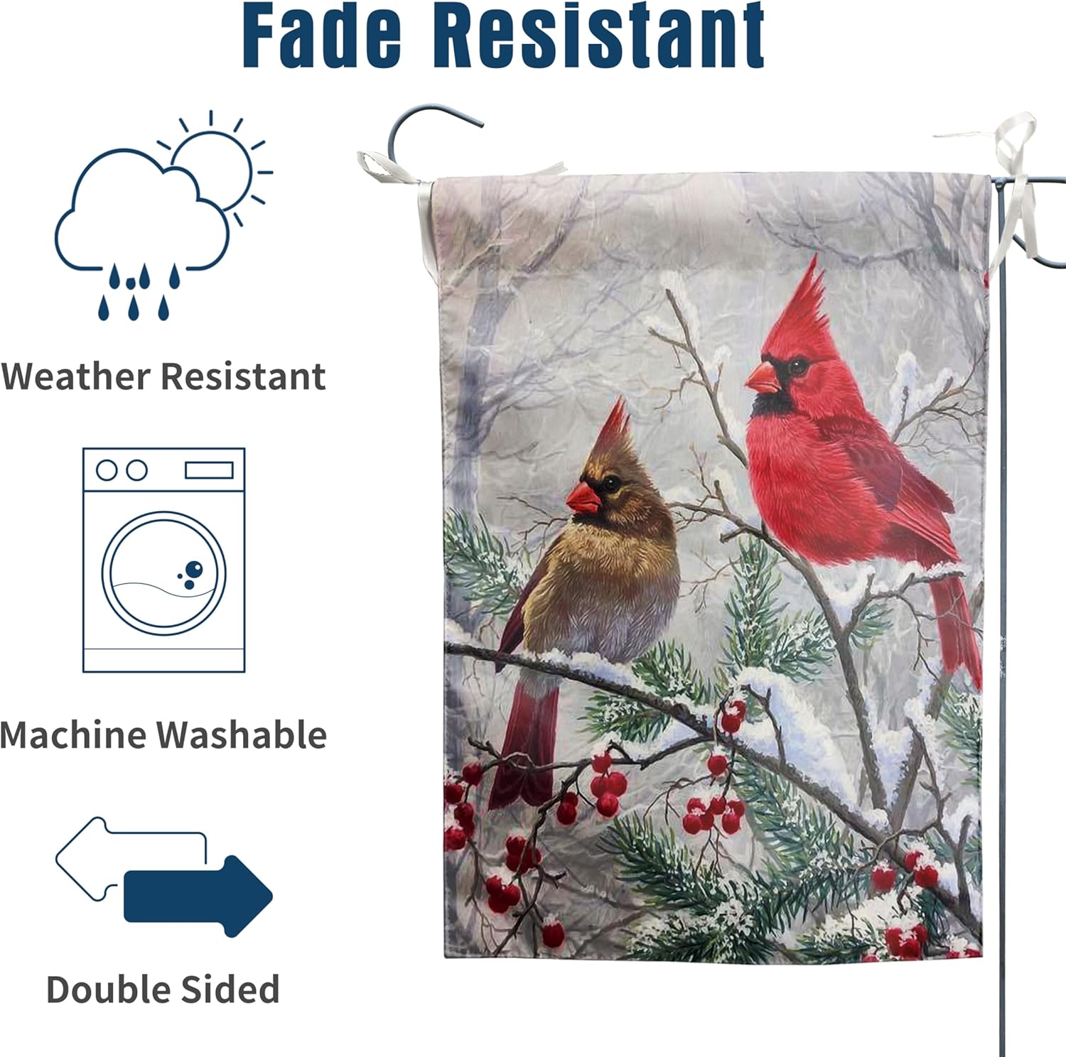 Banderas de jardín de pájaros cardenales de invierno, pancartas de Navidad para exteriores, de 12 x 18 pulgadas, de doble cara, pájaros rojos en