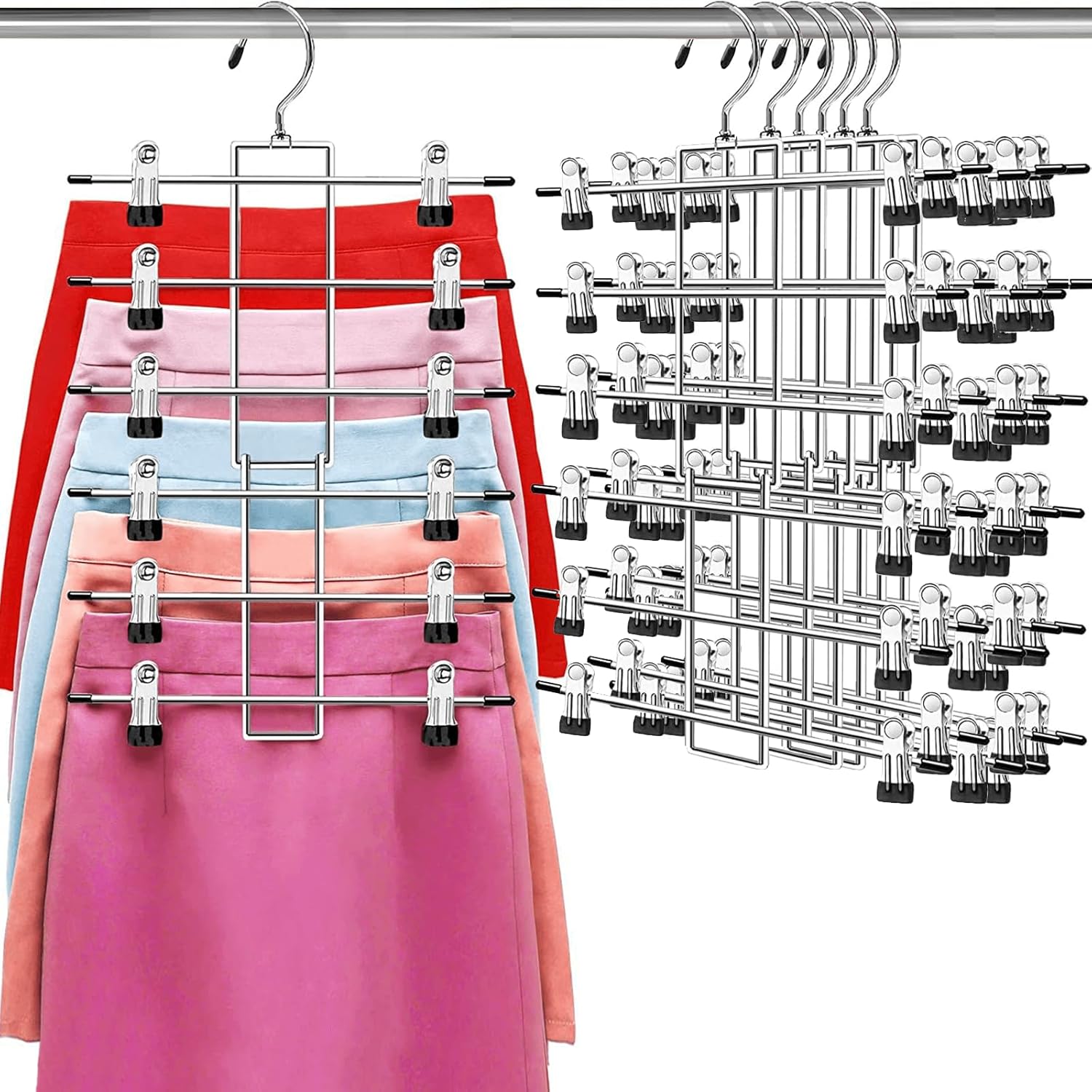Perchas, perchas para pantalones, perchas de ropa de 6 niveles con gancho giratorio de 360, perchas que ahorran espacio con clips, organizador de