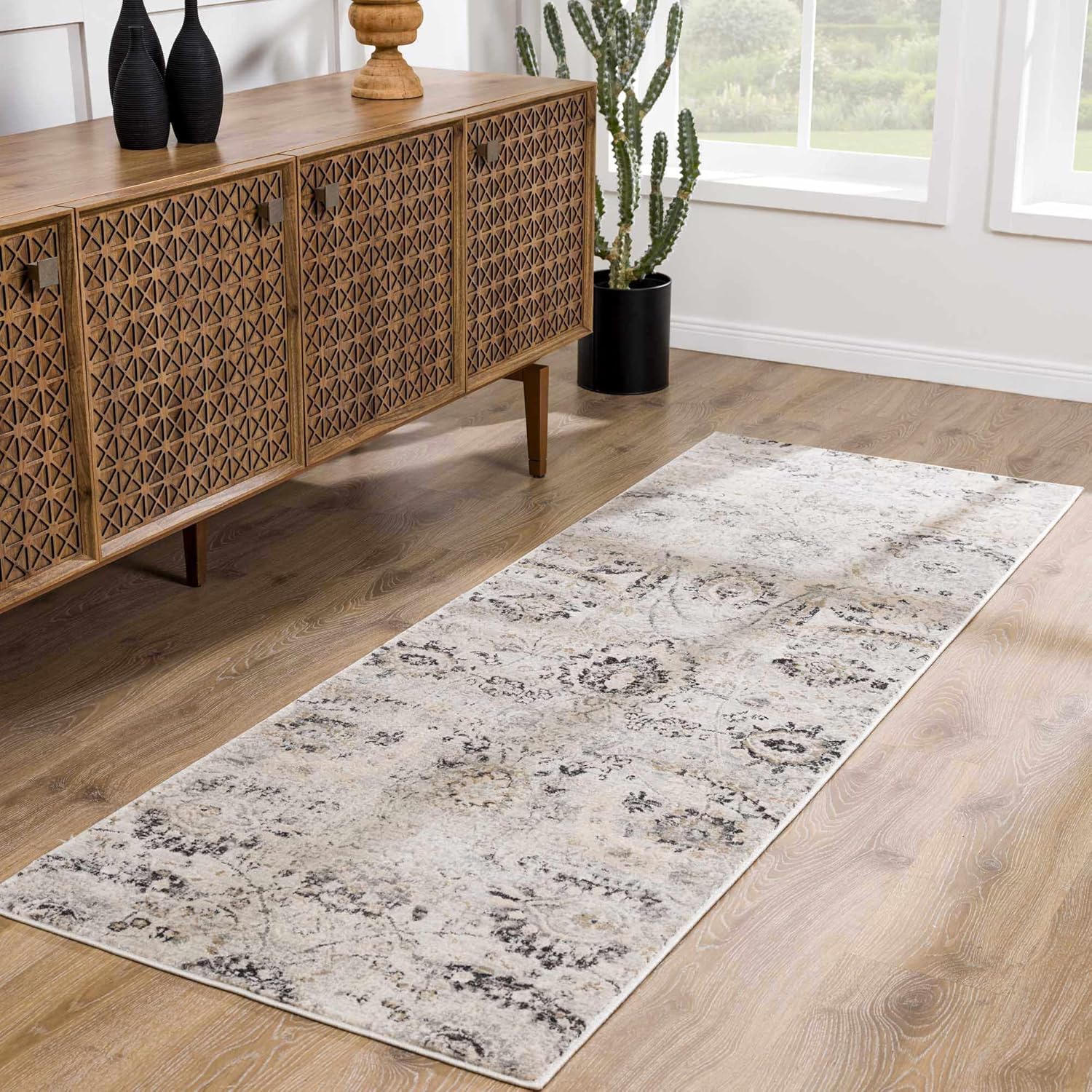 Hauteloom Georgiana – Alfombra rústica para sala de estar, dormitorio, comedor, estilo persa, aspecto floral tradicional, color gris, negro, marrón