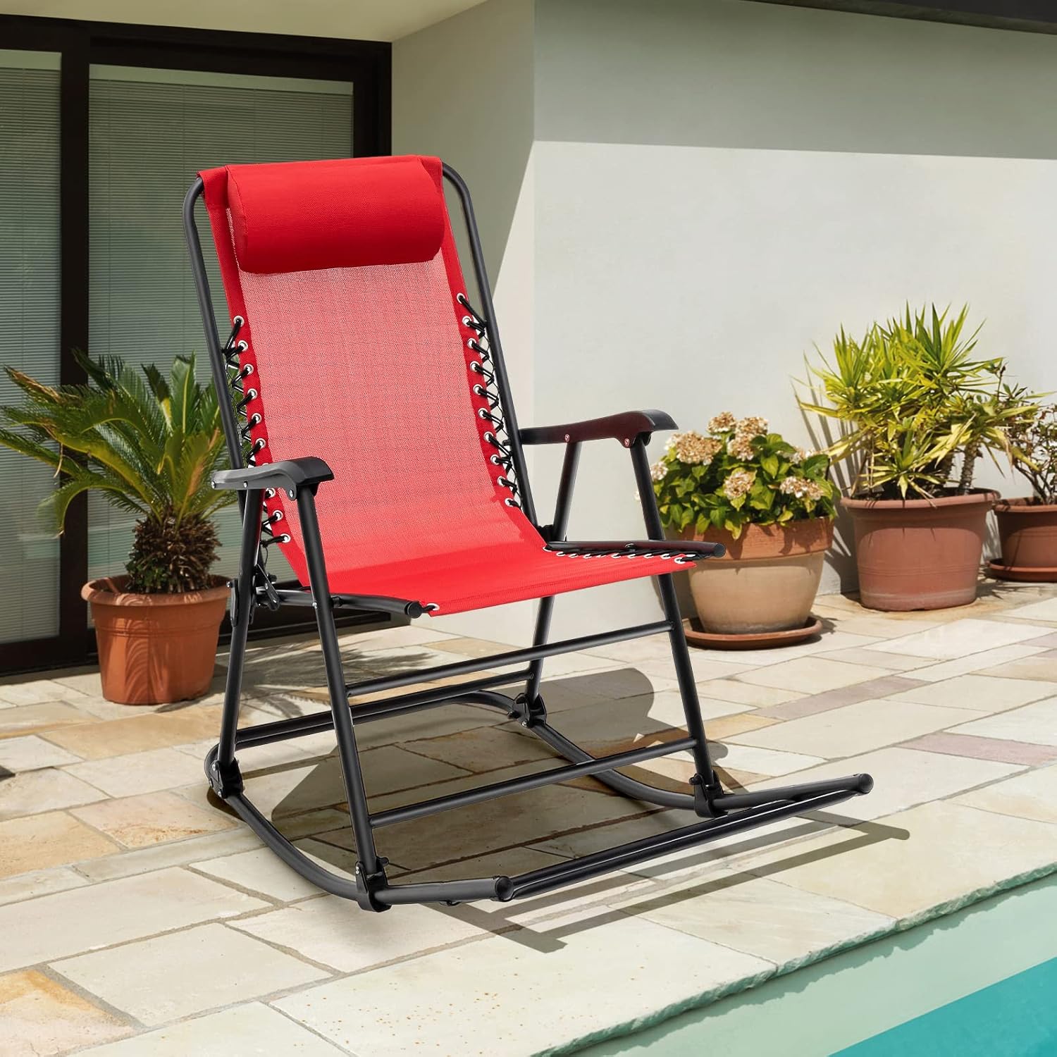 S AFSTAR Safstar – Juego de 2 mecedoras para patio, sillas mecedoras plegables con cómoda almohada y reposabrazos ergonómicos, reposapiés