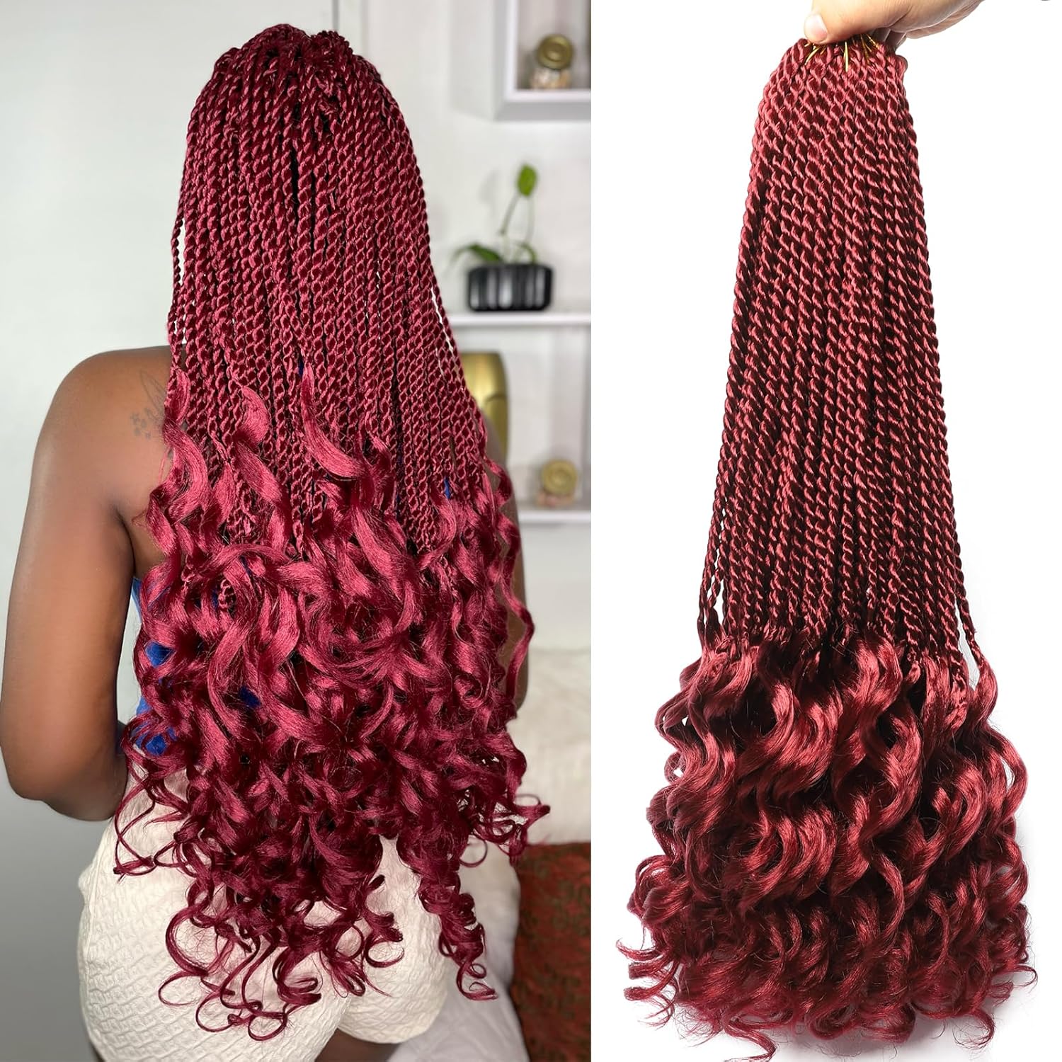 Cabello senegalés de ganchillo de 24 pulgadas, 9 paquetes de rizos franceses torcidos burdeos, 108 hebras, trenzas de ganchillo, extensiones de